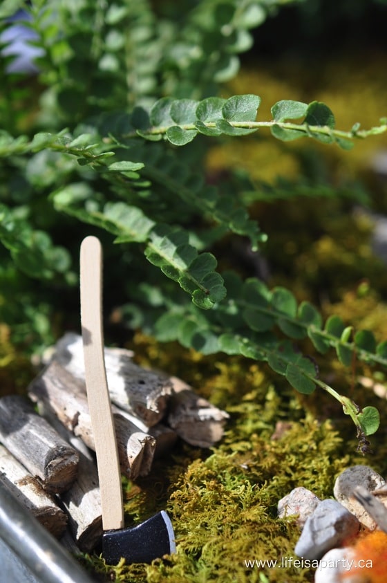 Camping Fairy Garden miniature woodpile and axe
