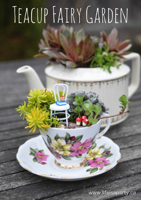 Teacup Fairy Garden -How to make the sweetest teacup fairy garden with succulents, including how to make a mini fairy-sized cupcake and book out of polymer clay.