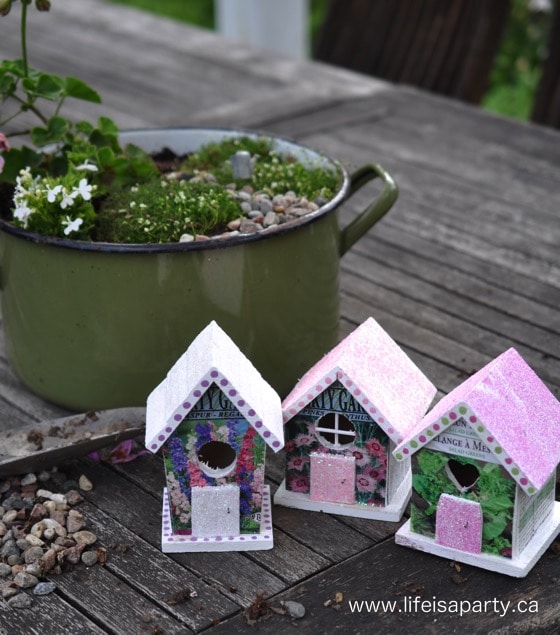 making diy fairy houses from dollar store bird houses