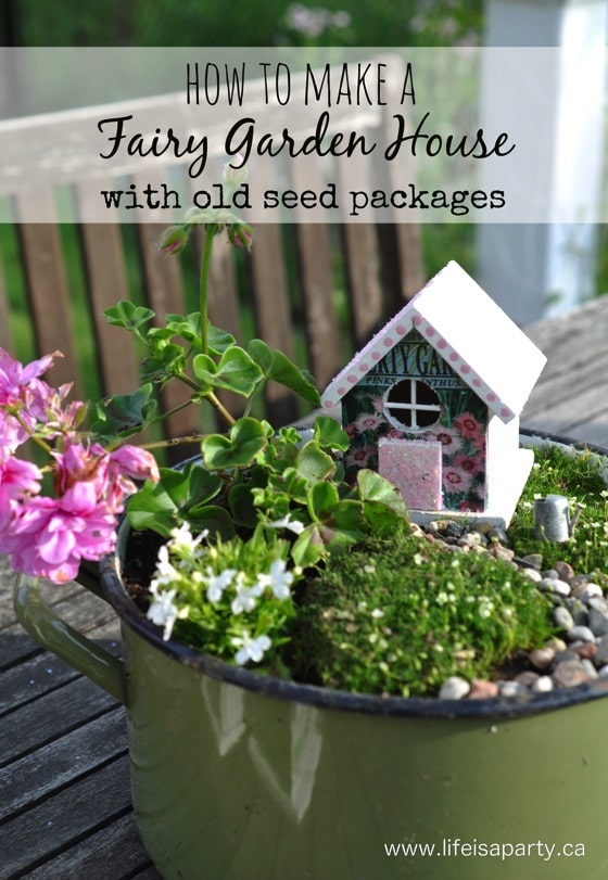How to make a DIY Fairy House from a dollar store birdhouse and an old seed package.