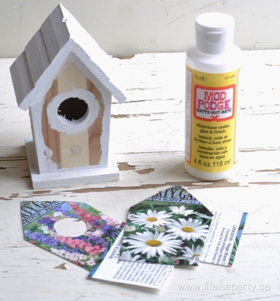 How to make a DIY Fairy Garden House from a dollar store birdhouse and an old seed package.