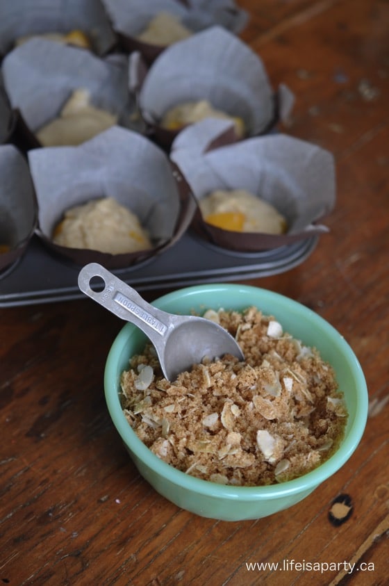 Peach Almond Muffins with crumble topping