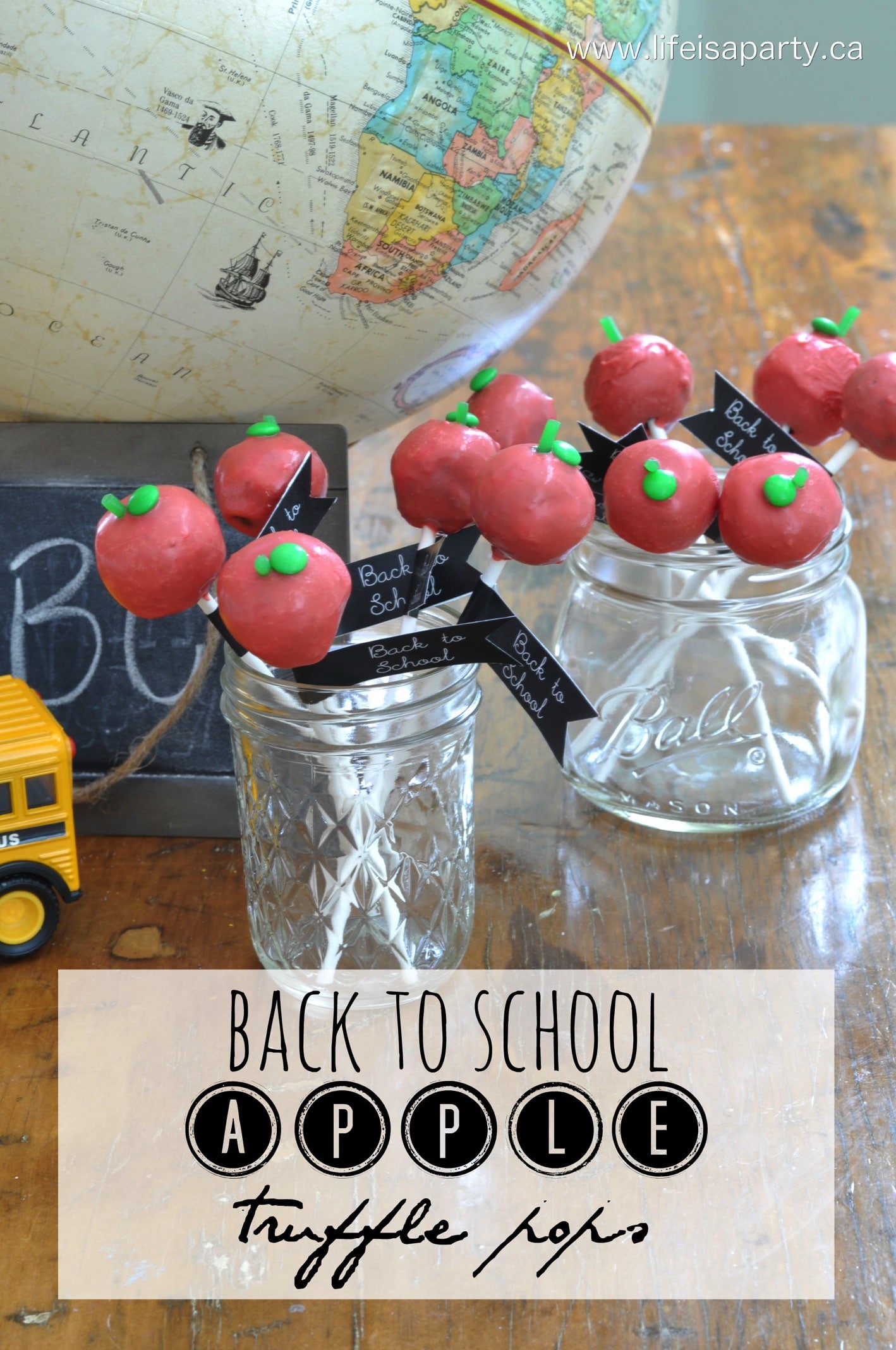 Back to School Treats Apple Truffle Pops -chocolate truffle centres, dipped in red chocolate and decorated with liquorice stems and mini M&M leaves.