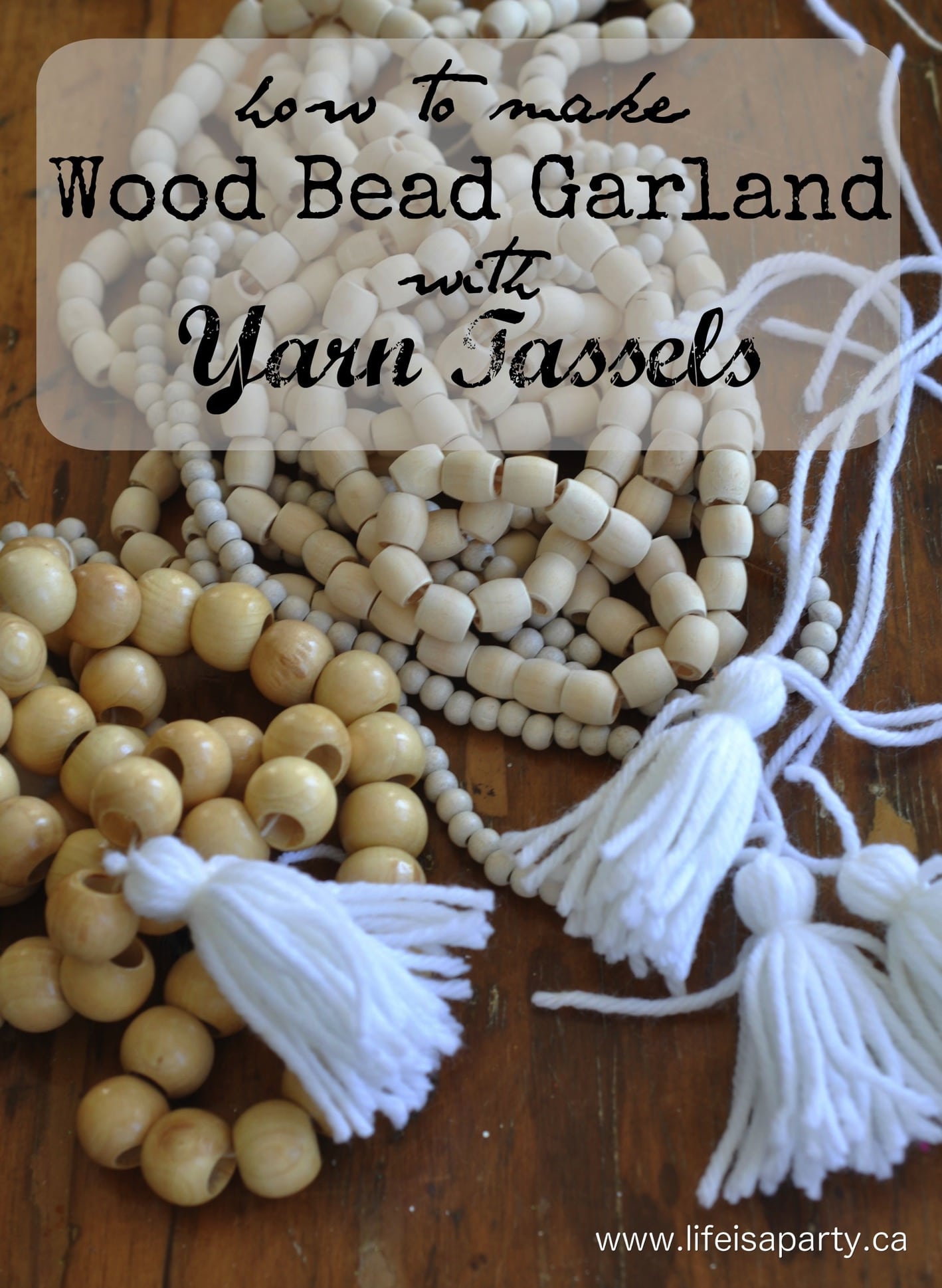 How to make Wood Bead Garland with Yarn Tassels: easy DIY for tassels and garland. Great way to add texture to home decor.