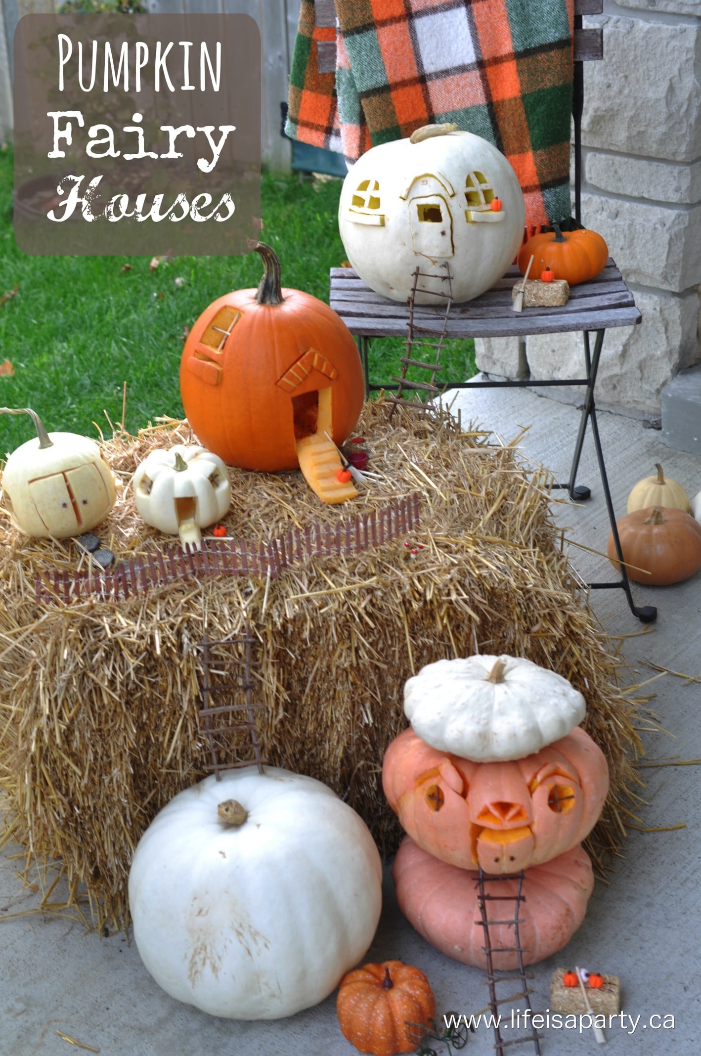 Pumpkin Fairy House Jack-O-Lanterns: this Halloween carve your pumpkins into fairy houses, and see the warm glowing light through the windows at night. Add a few fairy accessories and you have the perfect Jack-O-Lantern.