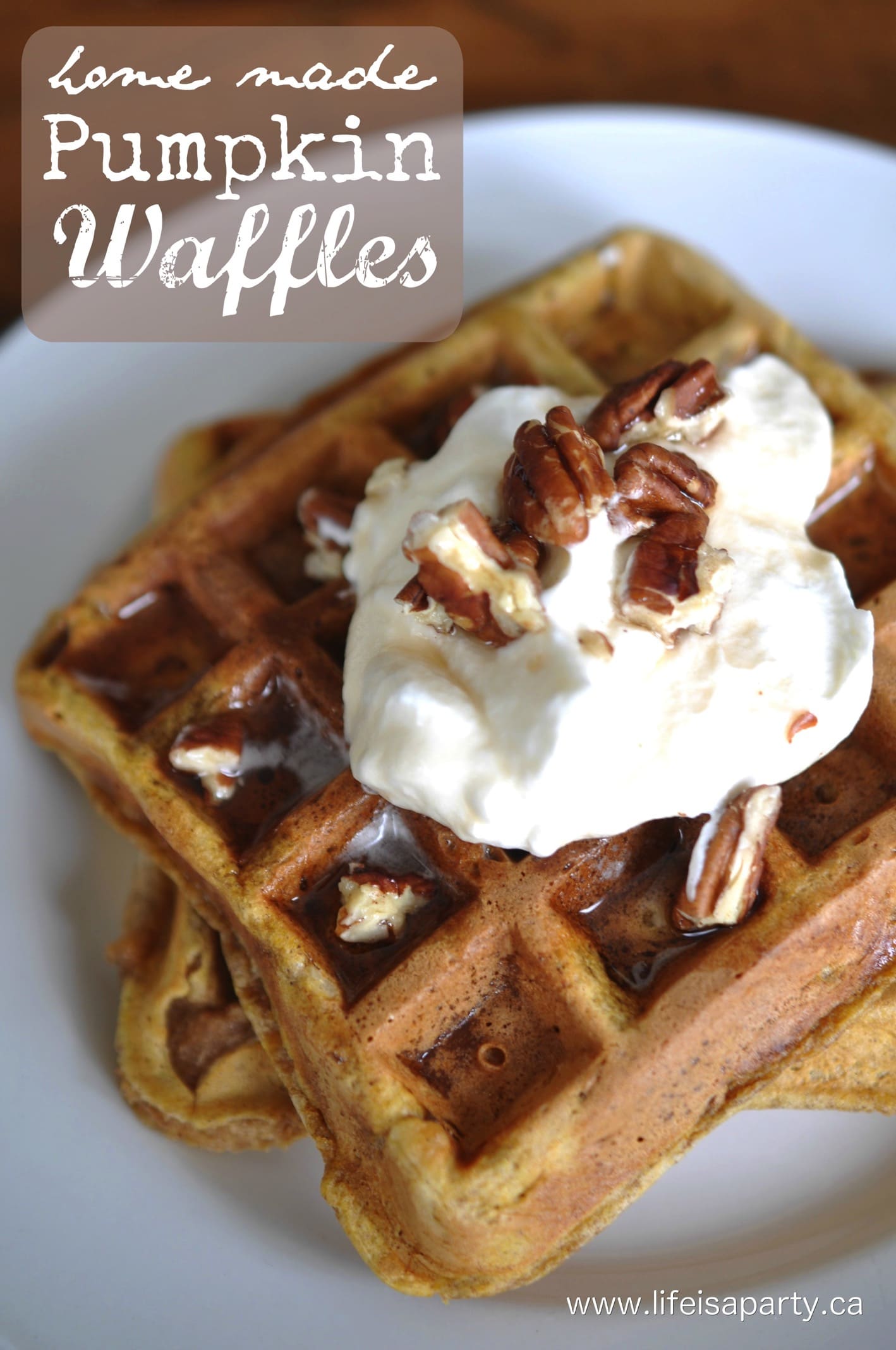Homemade Pumpkin Waffles -easy recipe for pumpkin waffles, perfect morning treat, and easy to freeze extras for a quick weekday breakfast later.