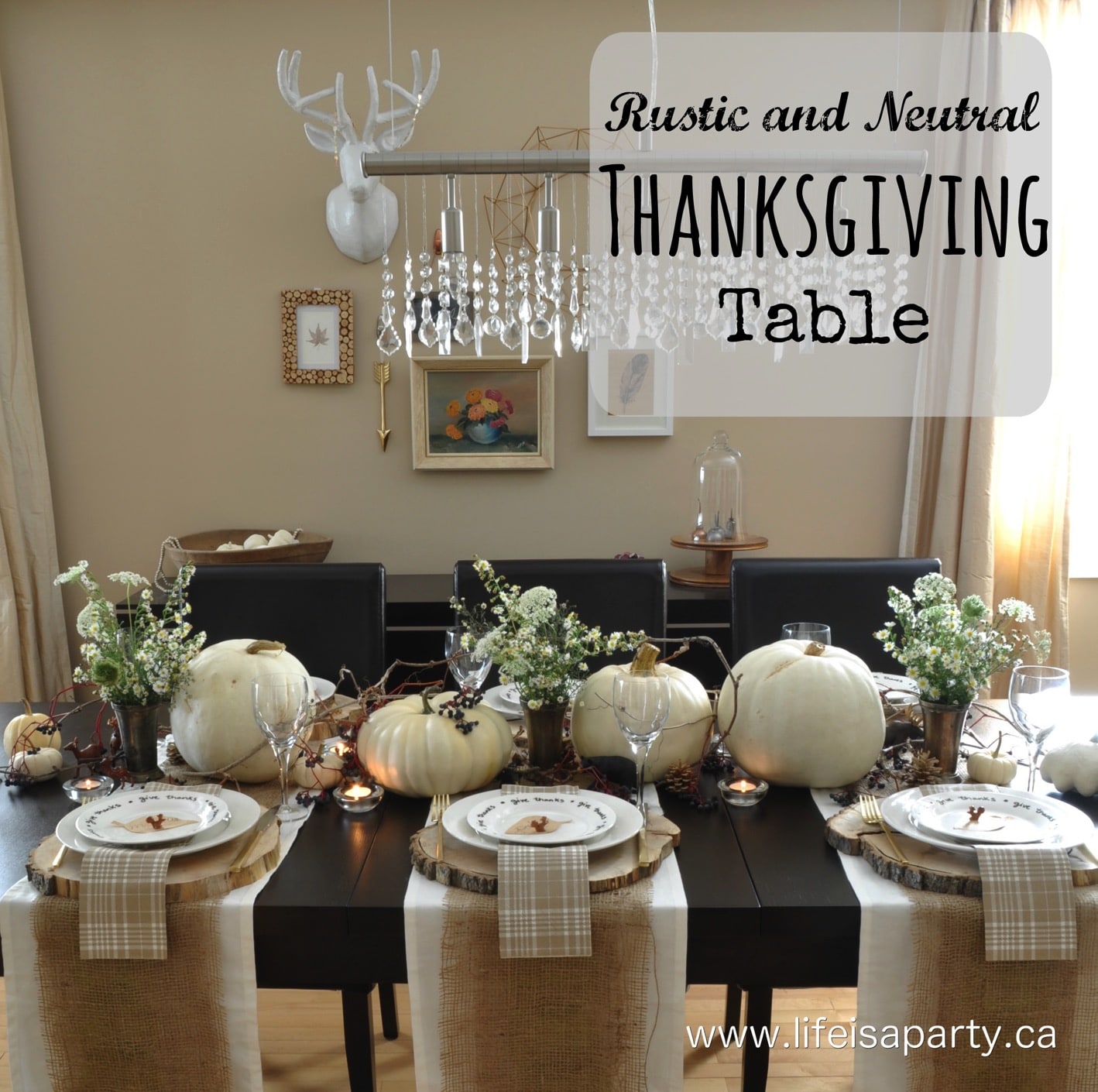 Rustic Thanksgiving Table Setting: Beautiful Thanksgiving table decorated with wildflowers, little mini animals, tree stumps and white pumpkins. 