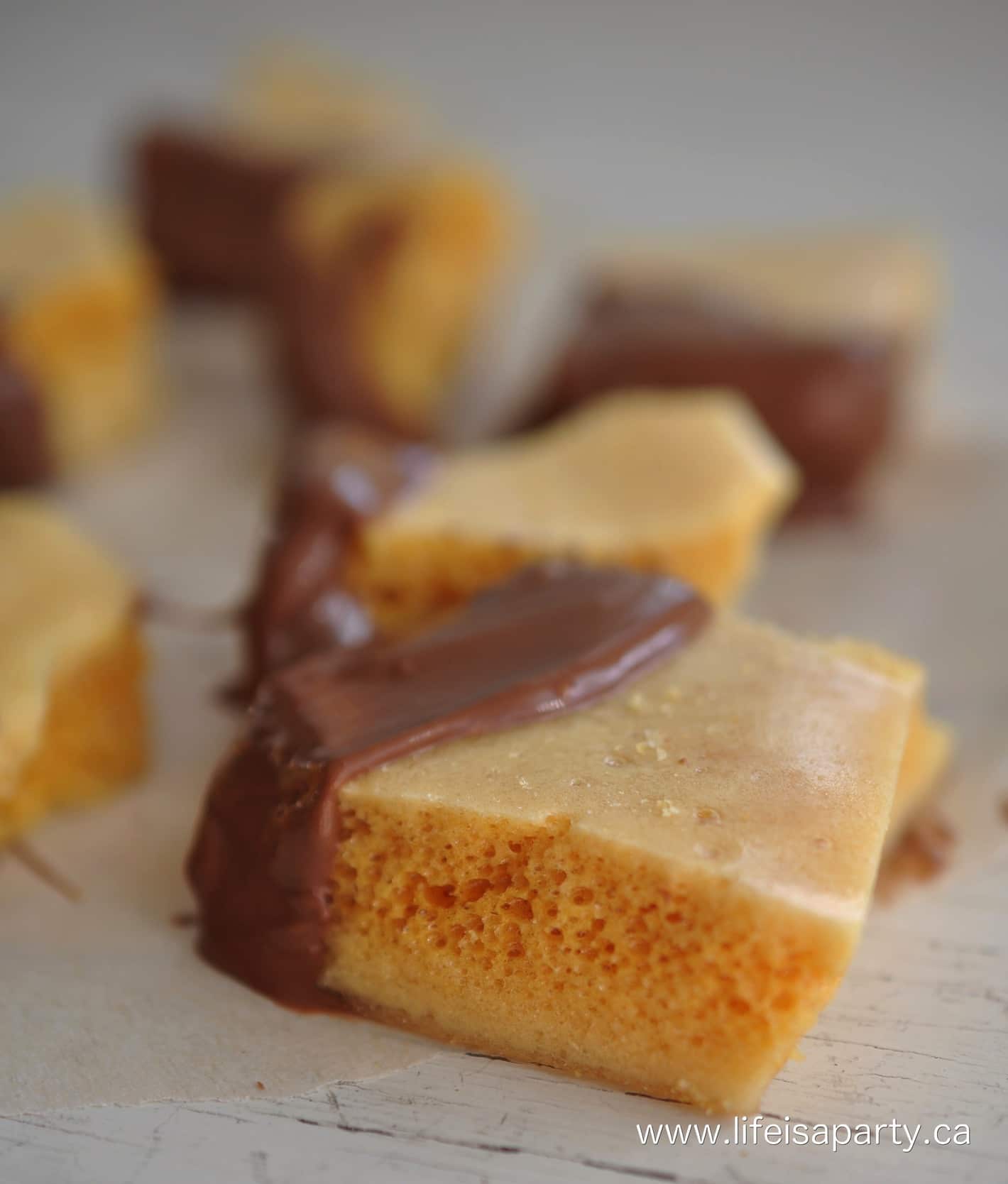 close up of a pice of sponge candy dipped in chocolate