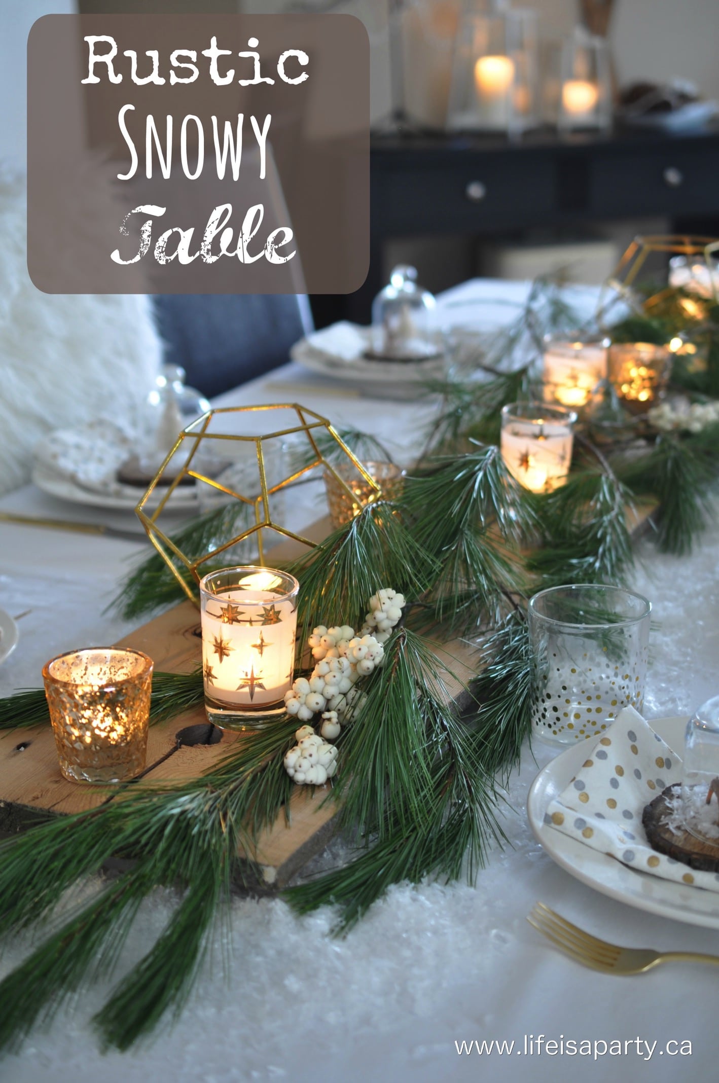 Rustic Snowy Chrismtas Tablescape: with faux snow, fresh greens, and winter berries and personalized DIY snow globe place cards.