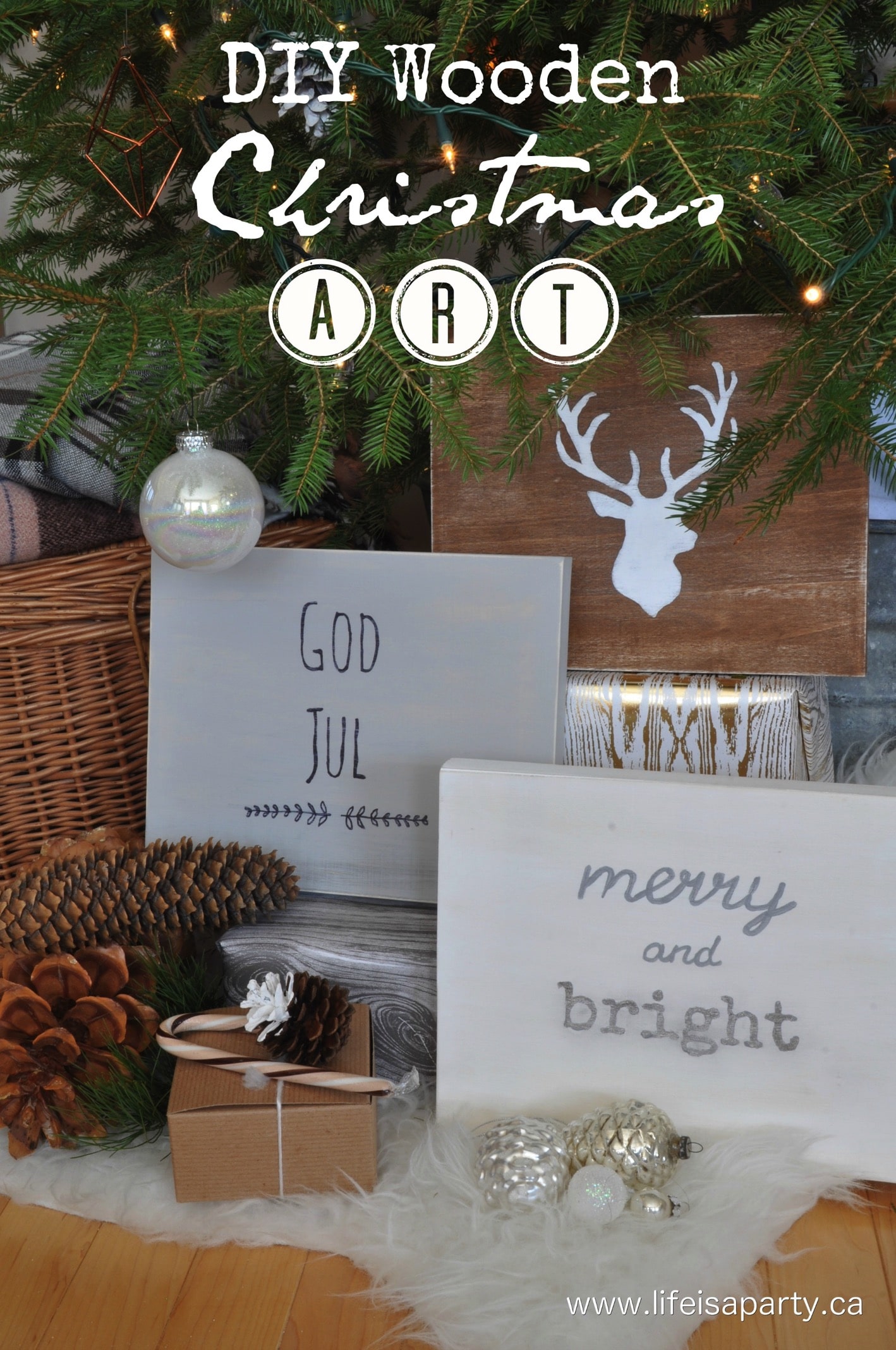 DIY Christmas Wall Art: a great tutorial, and with free printables to create your own inexpensive wood Christmas wall art signs.