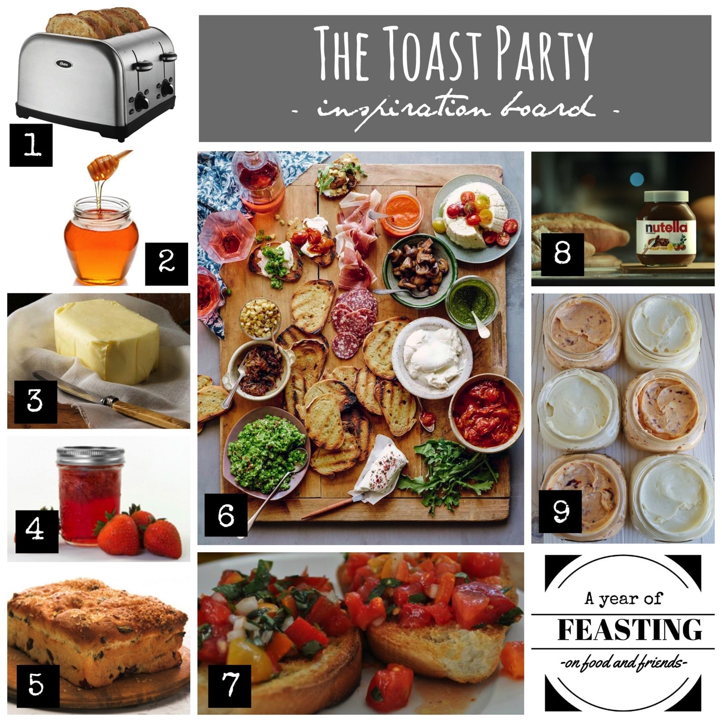 Toast Party Inspiration: lots of ideas for an all-toast dinner party, including savoury and sweet, and the cutest free toast themed invitation.