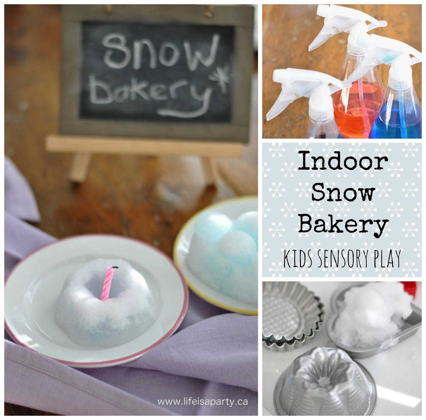 Snow Bakery Sensory Play Ideas: bring the snow inside, add some food colouring, and toy dishes and make a snow bakery kids will love.