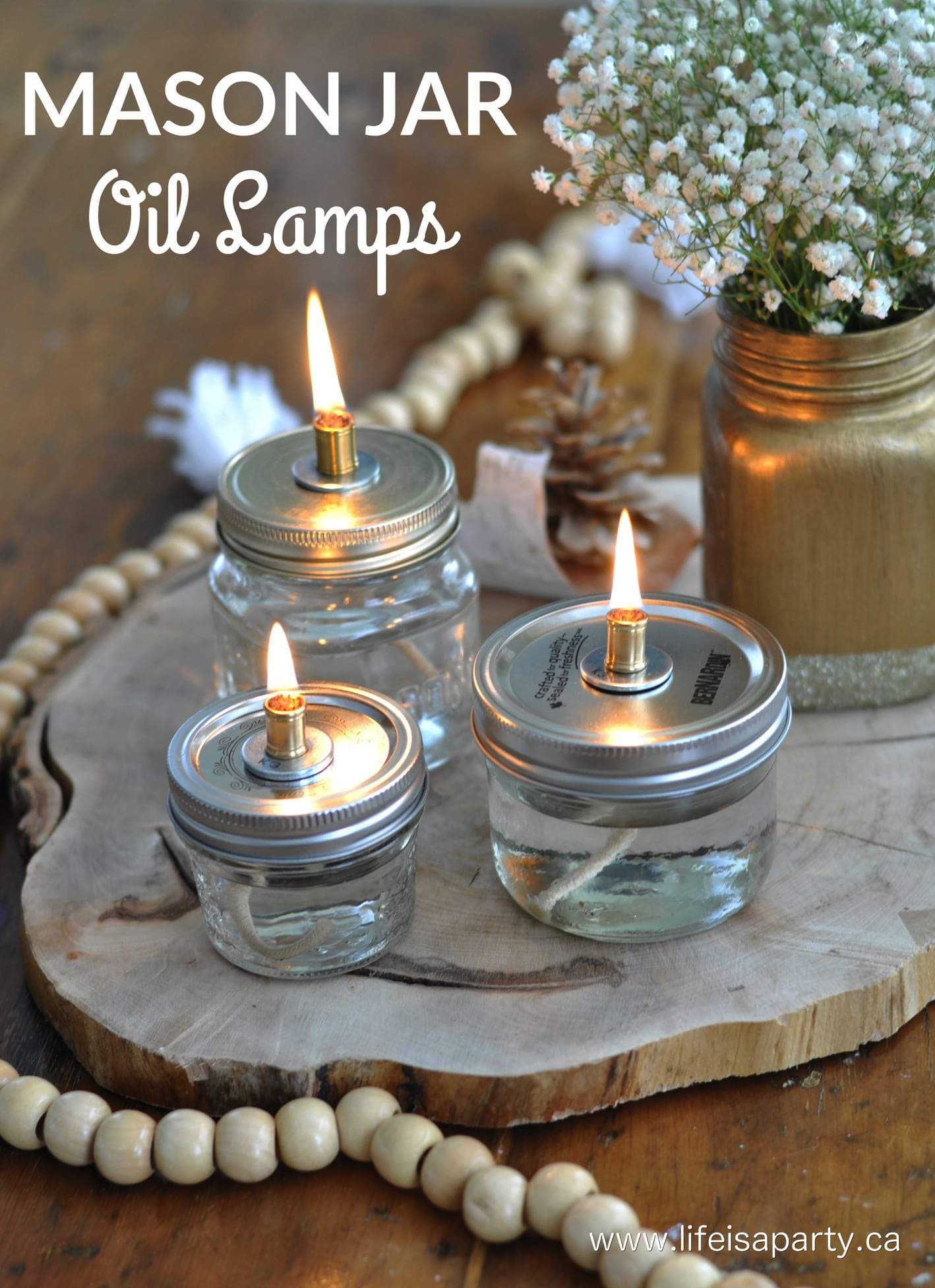 DIY Mason Jar Oil Lamps: Simple to make and so beautiful. Perfect for a party, wedding centerpiece, or just in your home.