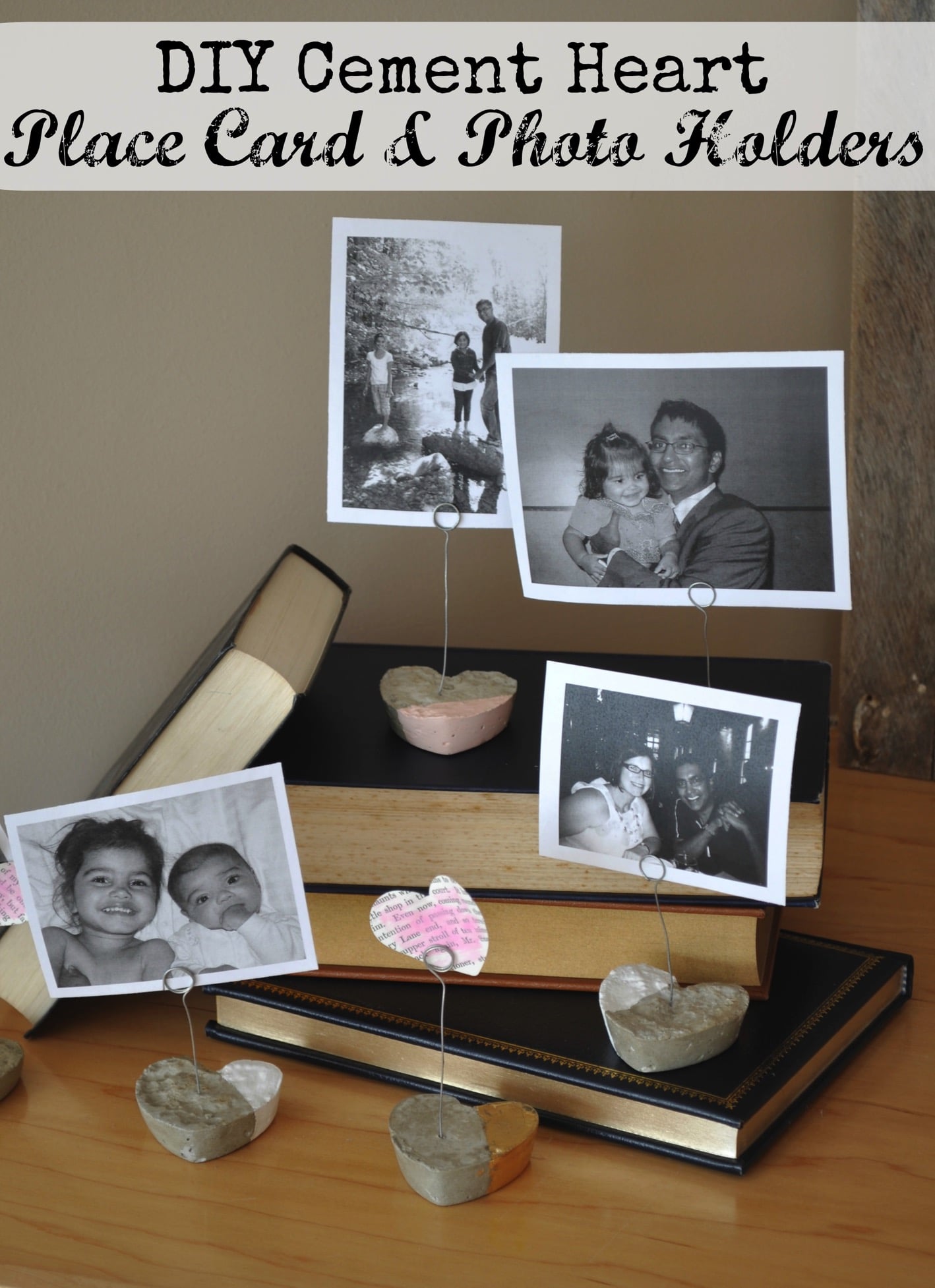 DIY Cement Heart Place Card and Photo Holders: Easy to make with a dollar store baking tray mould and some quick dry cement. Great for Valentine's Day, a wedding, or as home decor.