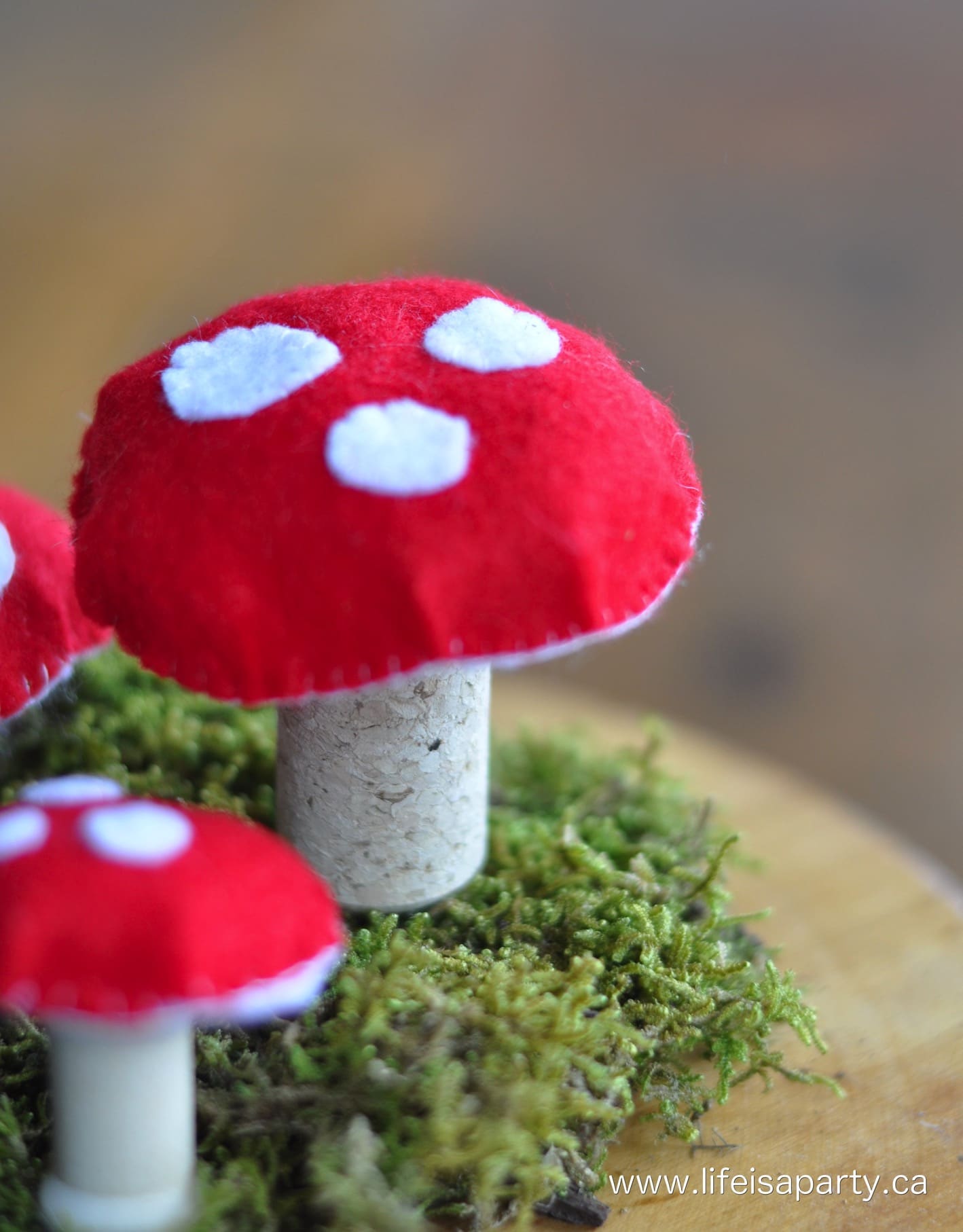 red and white polka dot felt mushrooms