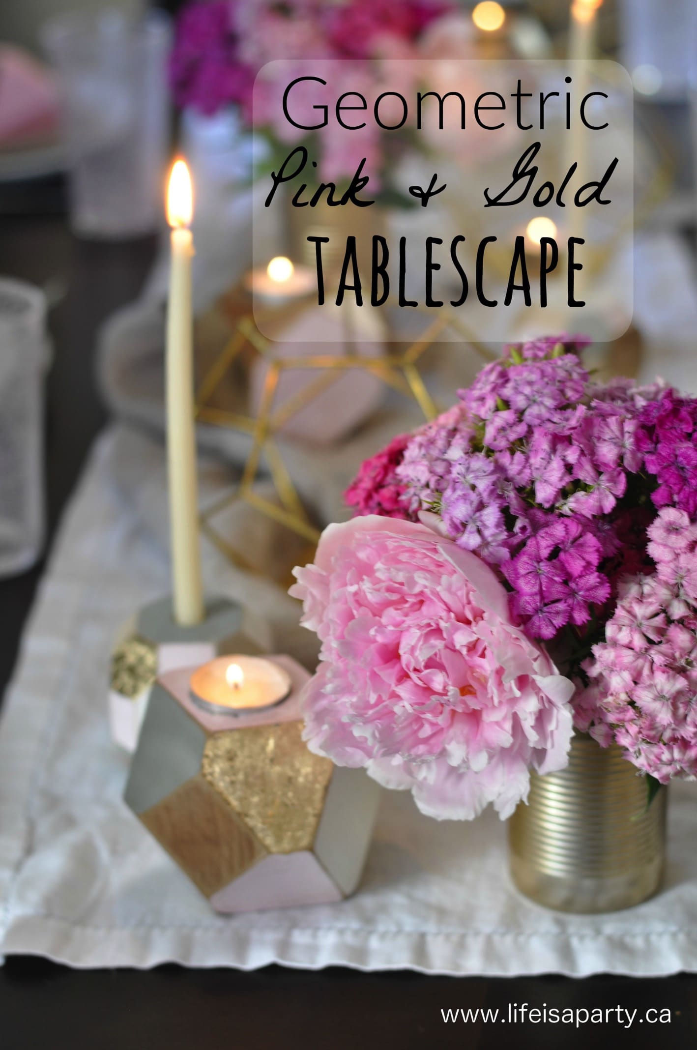 Geometric Pink and Gold Tablescape: pretty peonies, DIY candle holders, paper gems, and homemade napkins make a gorgeous and inexpensive table perfect for summer.