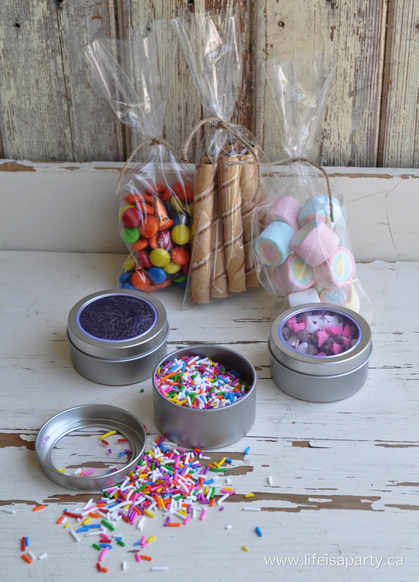 Ice cream sundae kit sprinkles, candies, marshmallows, and wafer cookies