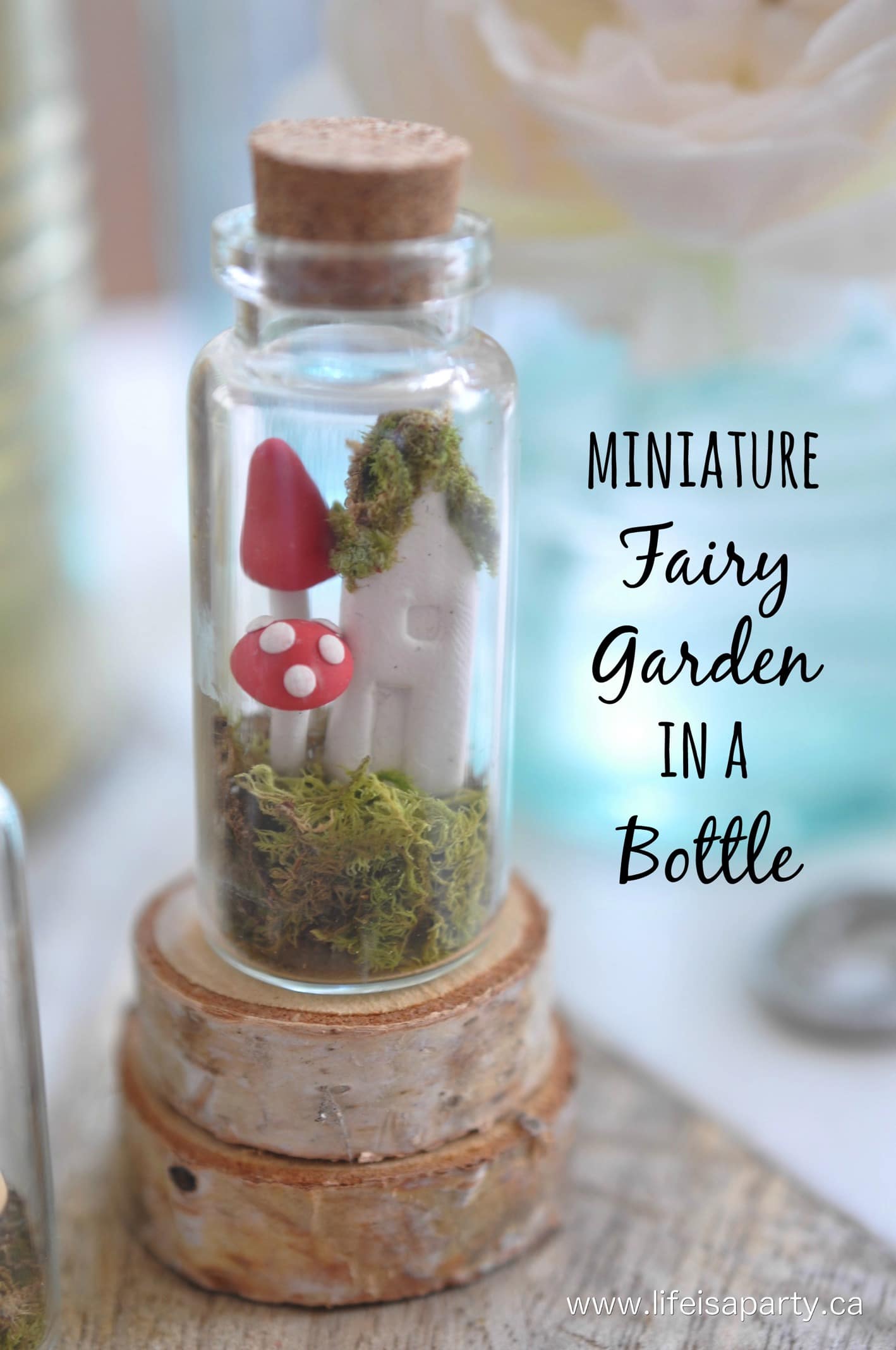 How To Make A Miniature Fairy Garden In A Jar: Tutorial using polymer clay to make adorable mushrooms and a fairy house, and then arrange in a teeny, tiny glass bottle. 
