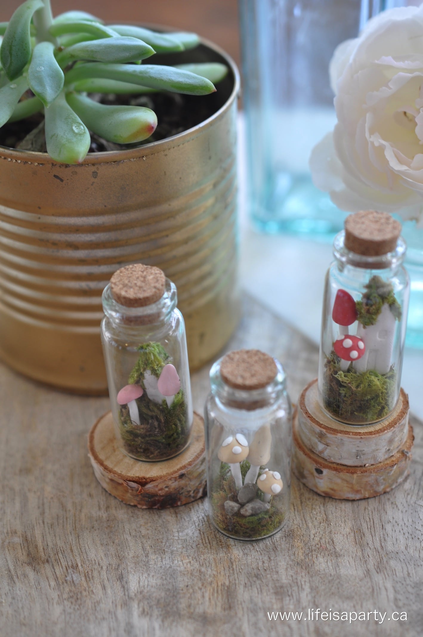 miniature polymer clay houses and mushrooms in a jar
