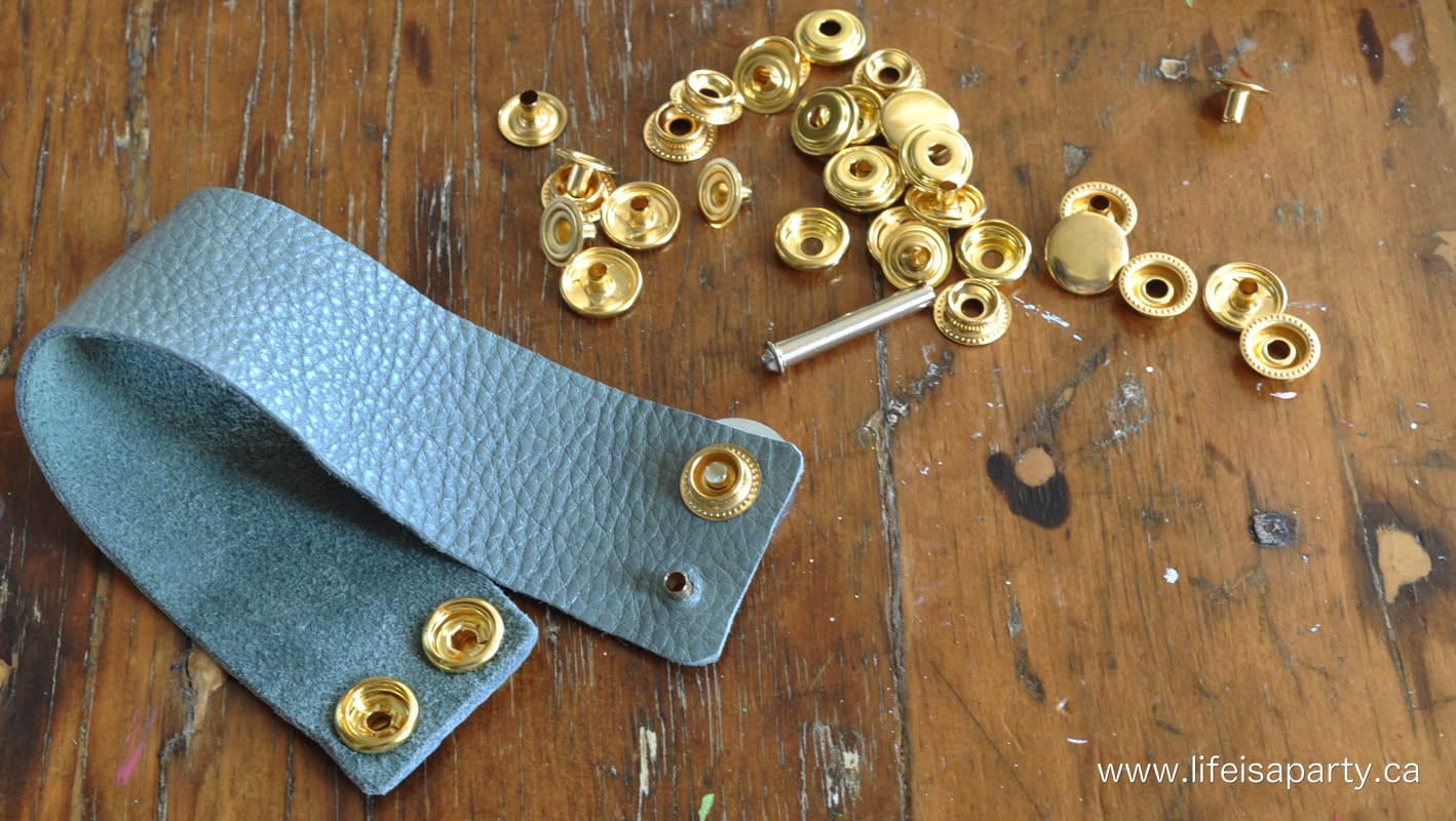 adding metal snaps to a diy leather cuff bracelet