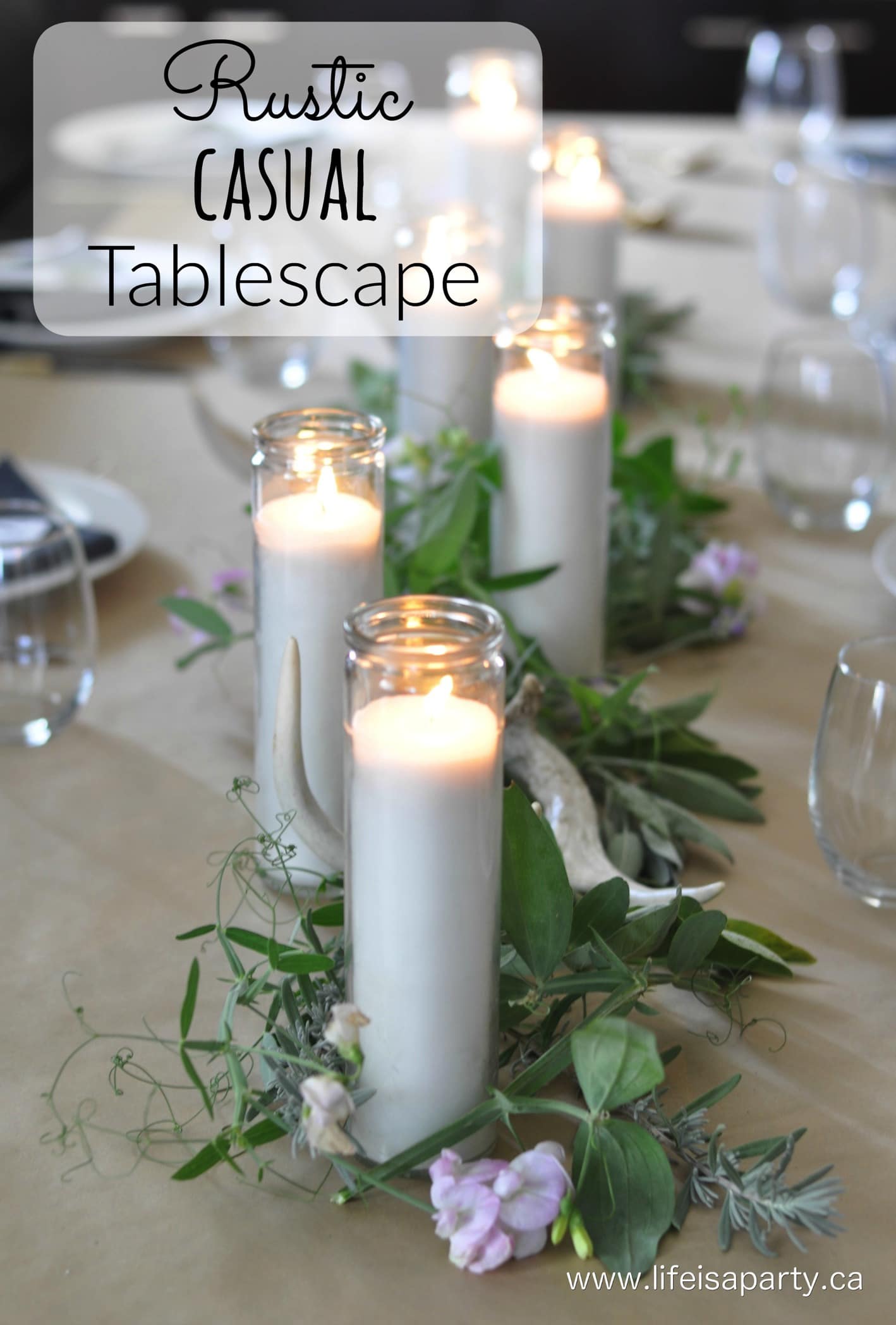 Rustic Casual Tablescape: brown kraft paper, white candles, herbs and antlers come together to make a beautiful rustic and casual table.