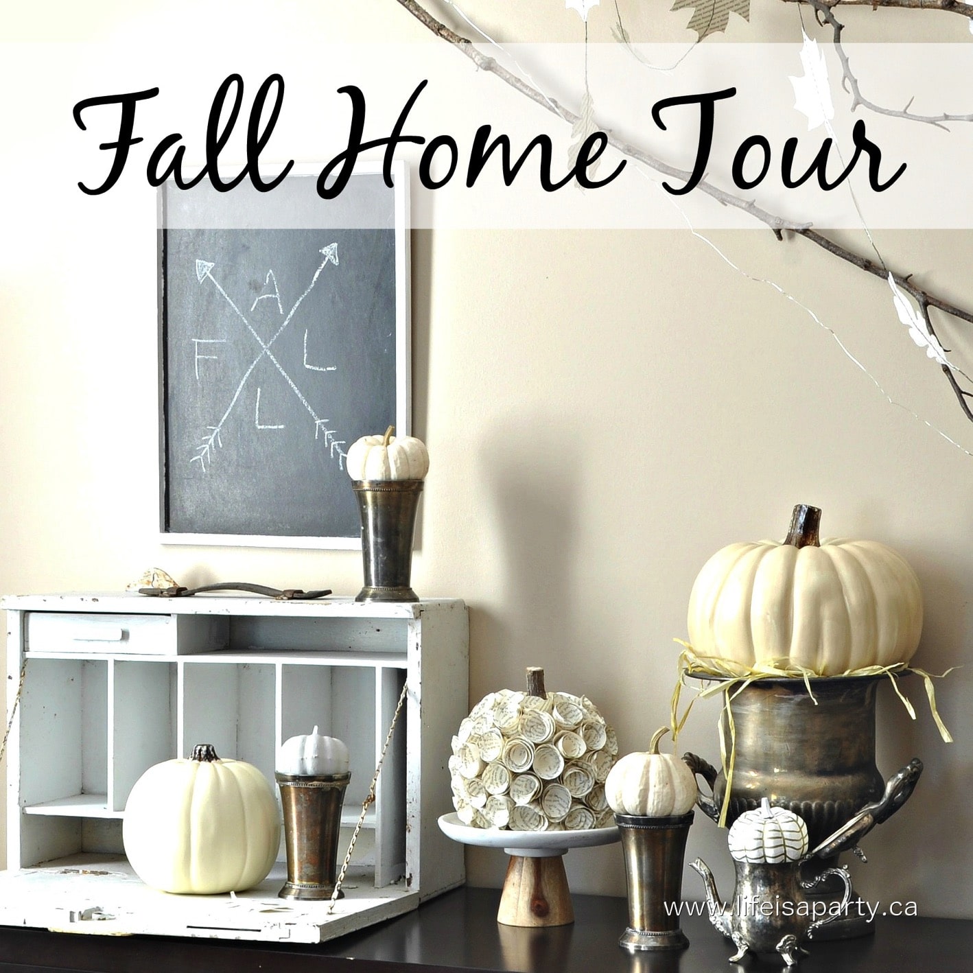 Netural Fall Home Tour: full of neutral fall decor like white pumpkins, birch logs, cozy knits, and candles bring fall in whites and creams.