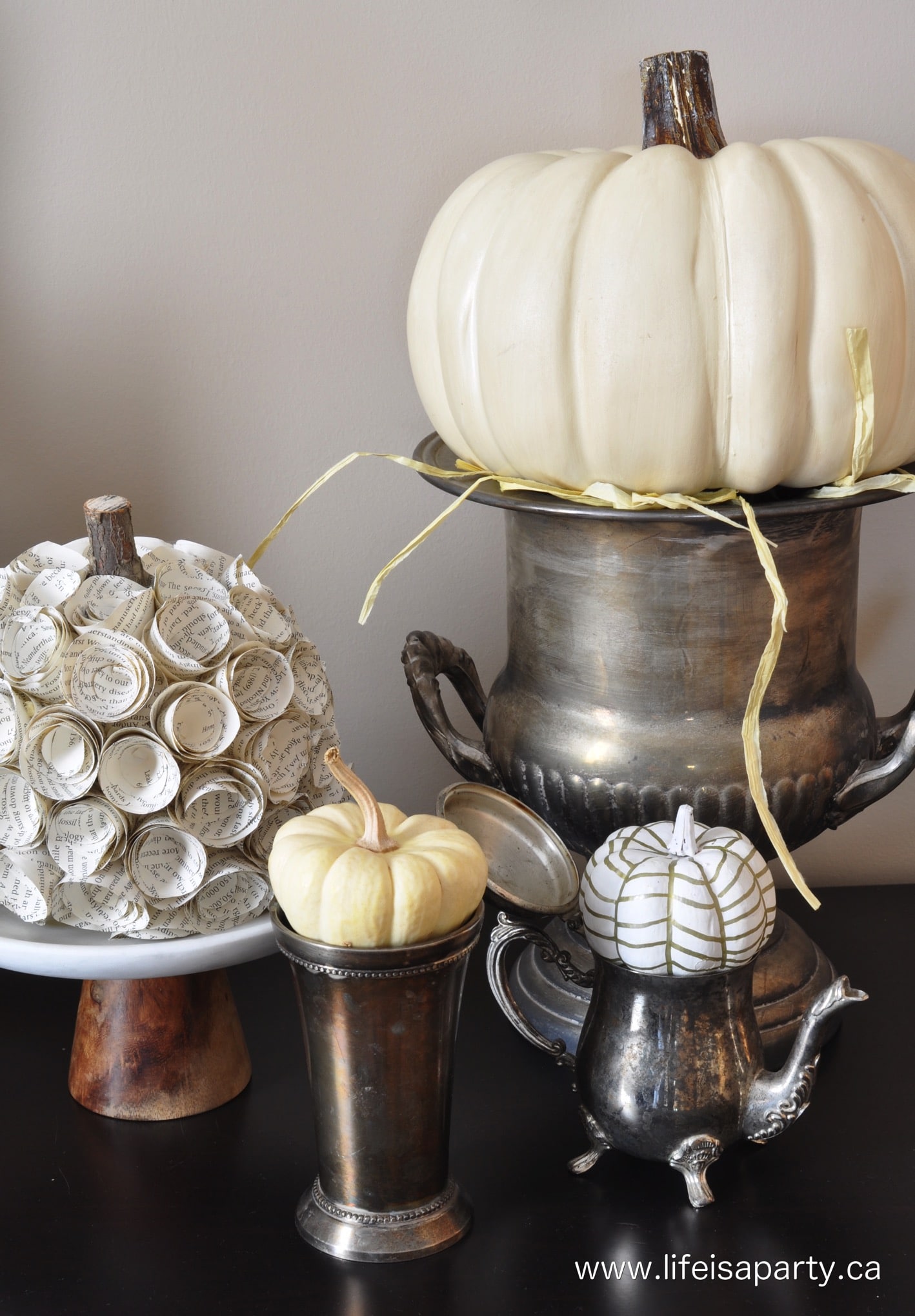 white pumpkins and vintage silver