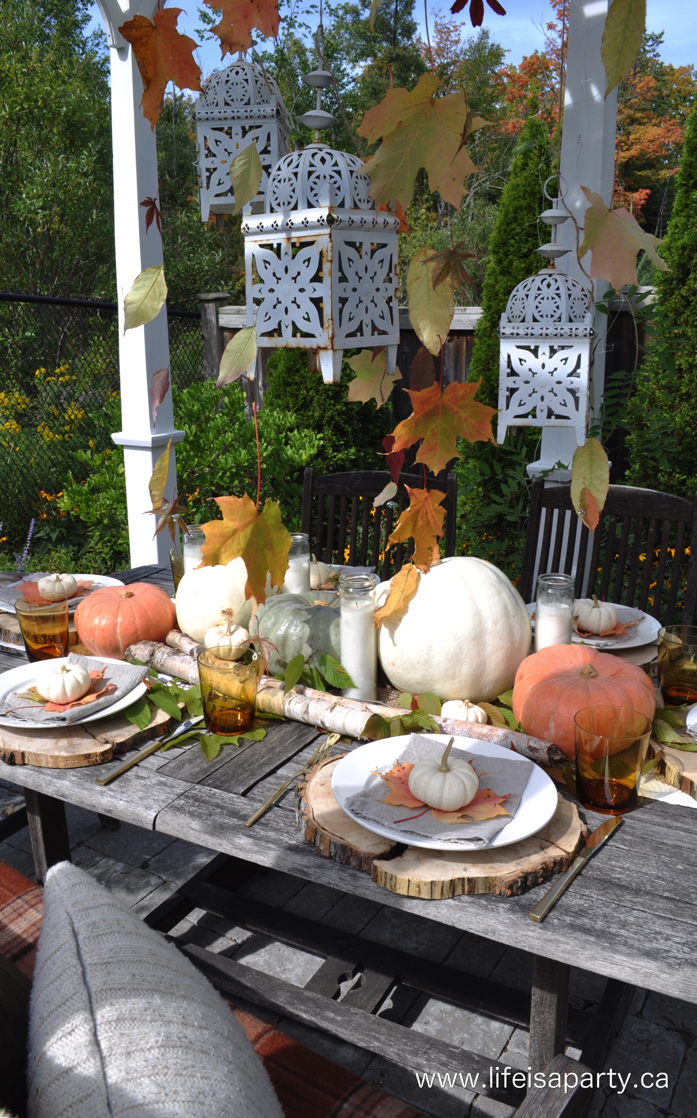 Outdoor Fall Table with hanging leaves