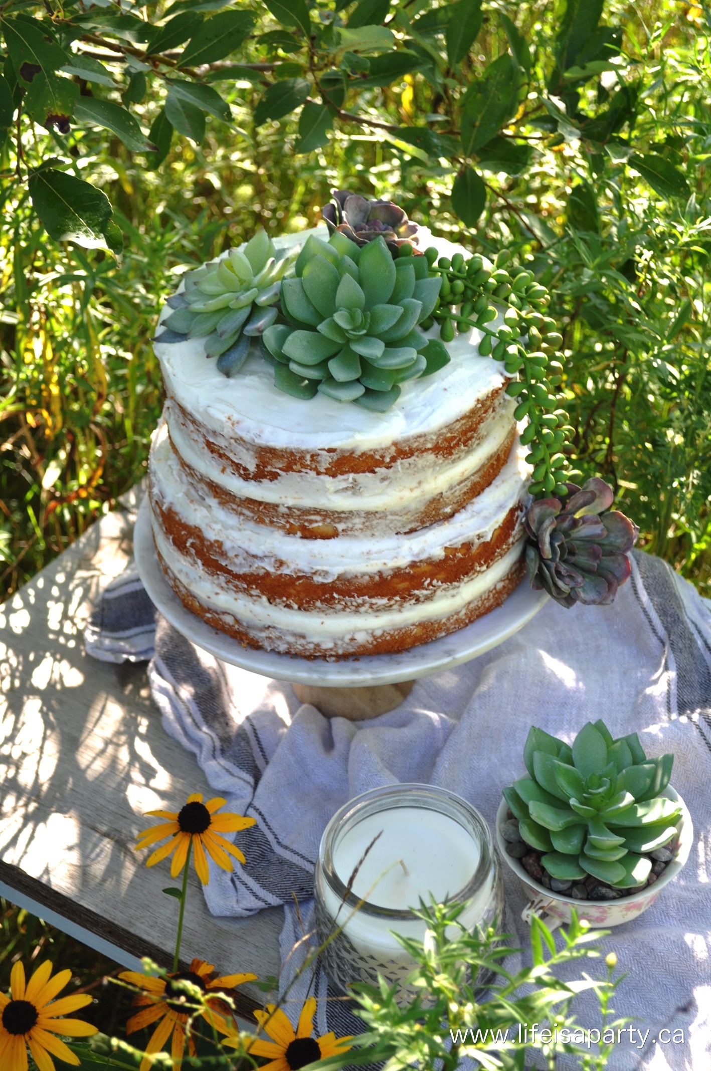 Succulent Naked Cake: made from cake mixes, and faux succulents; easy and sure to impress.