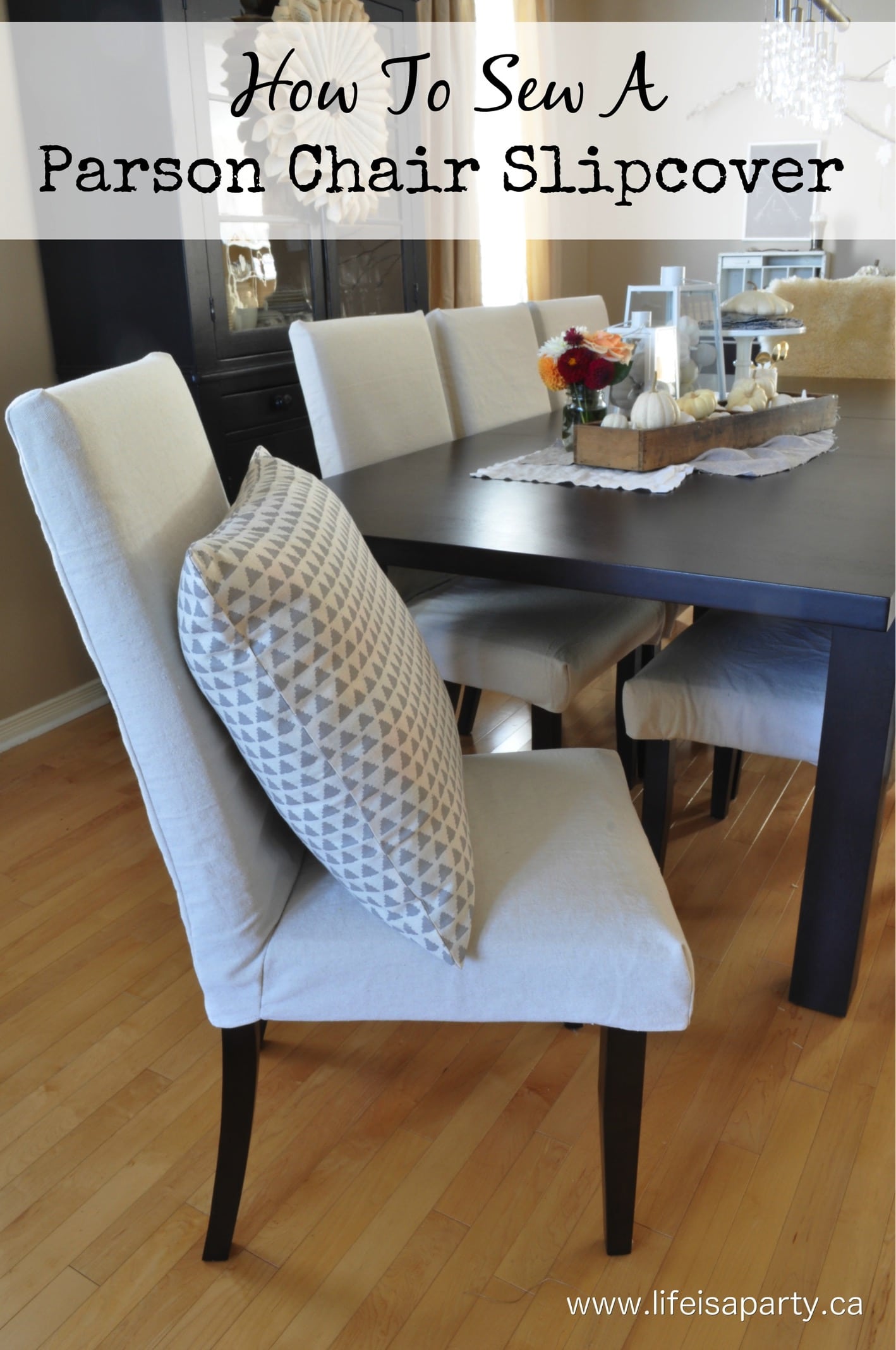 How To Sew Parson Chair Slipcovers: Inexpensive chair makeover with drop cloth slipcovers you can sew yourself without a pattern.