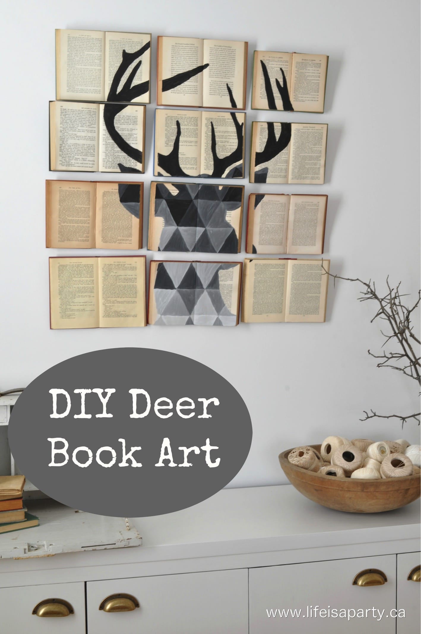 DIY Large Wall Art: Deer Book Art made with old old books as the canvas. Easy, no painting skill required just transfer the pattern and fill in with paint.