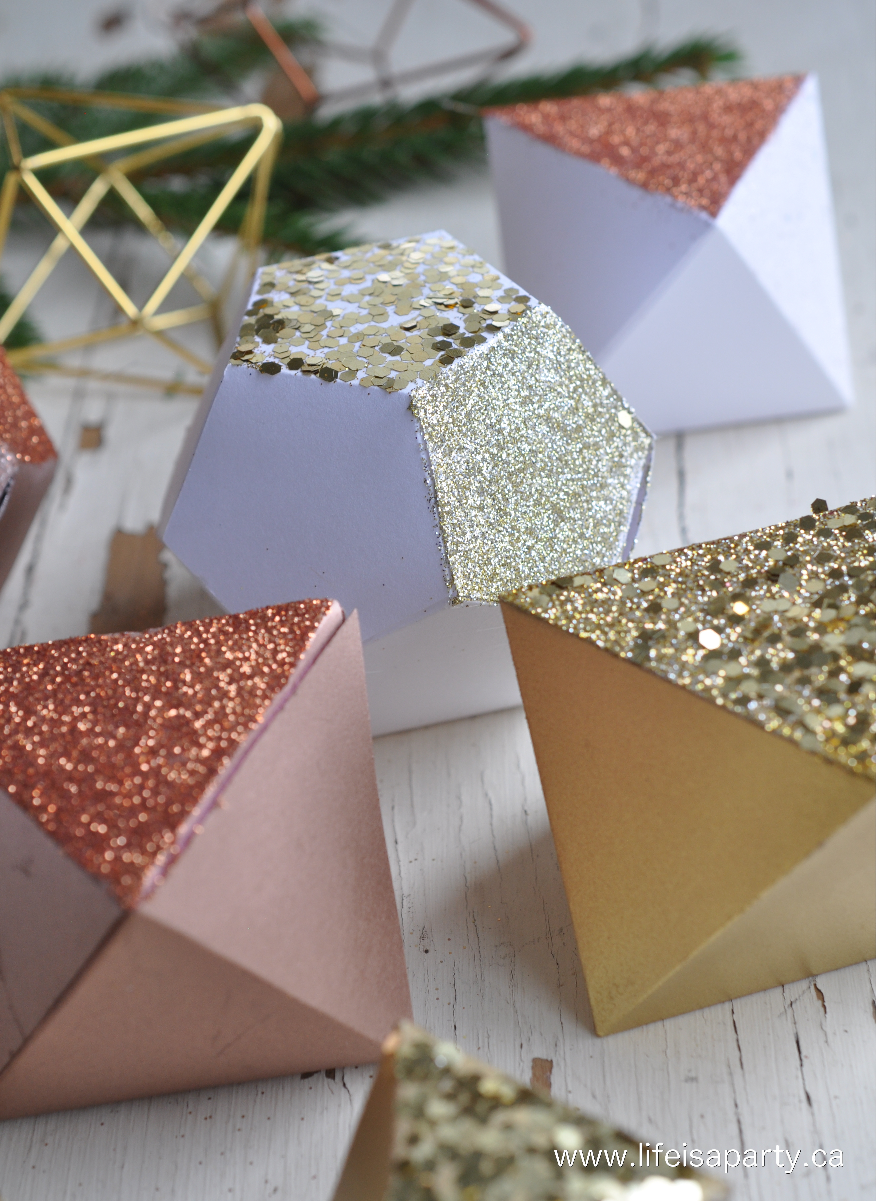 3D Paper Geometric Christmas Ornaments in gold, and copper