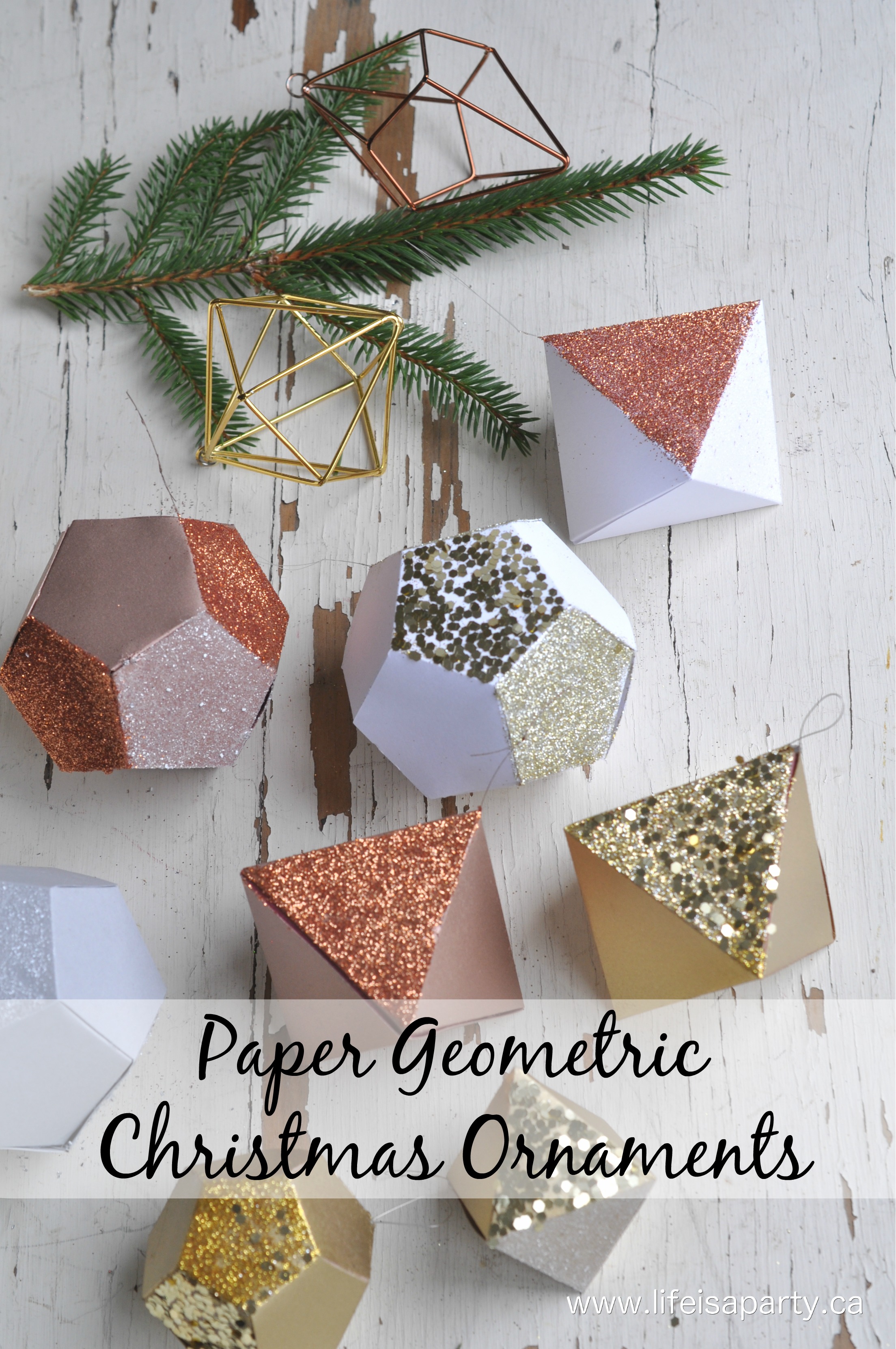 3D Paper Geometric Christmas Ornaments -Easy to make with a Cricut machine, and a free design. Spray paint and add glitter in any colours to match your Christmas decor.