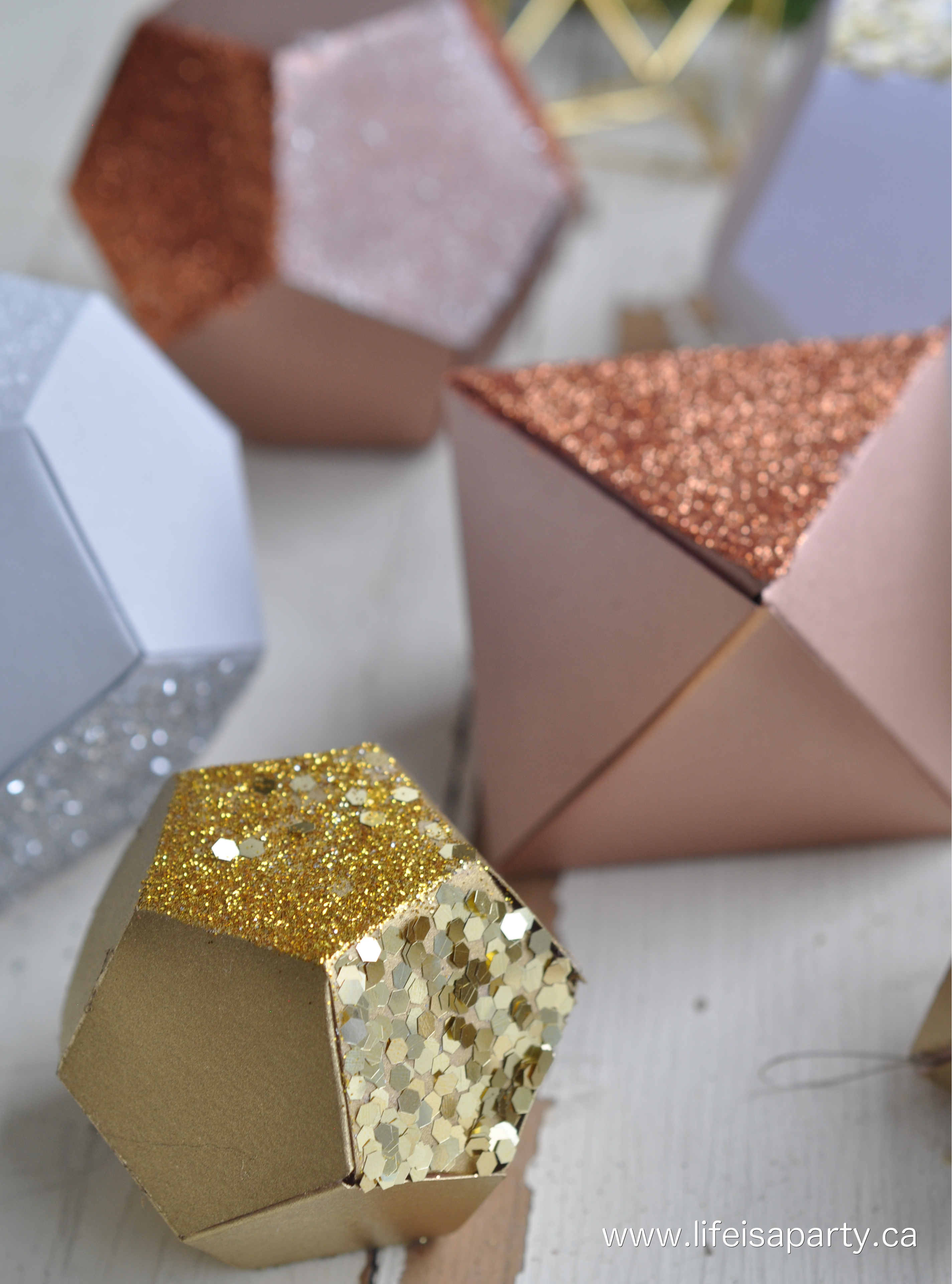 Gold, silver, and copper 3D Paper Geometric Christmas Ornaments