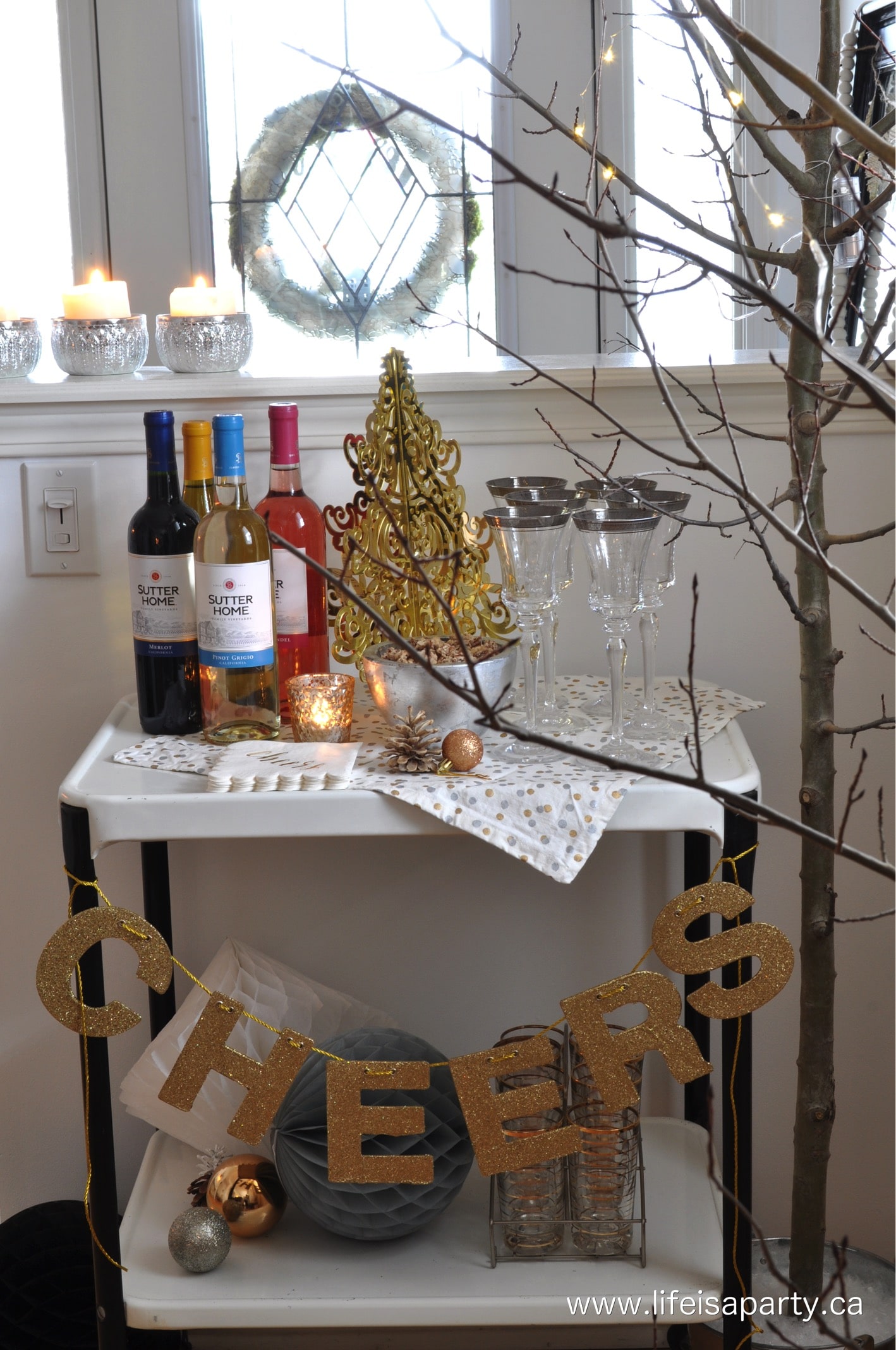 Wine bar cart set up for a party.