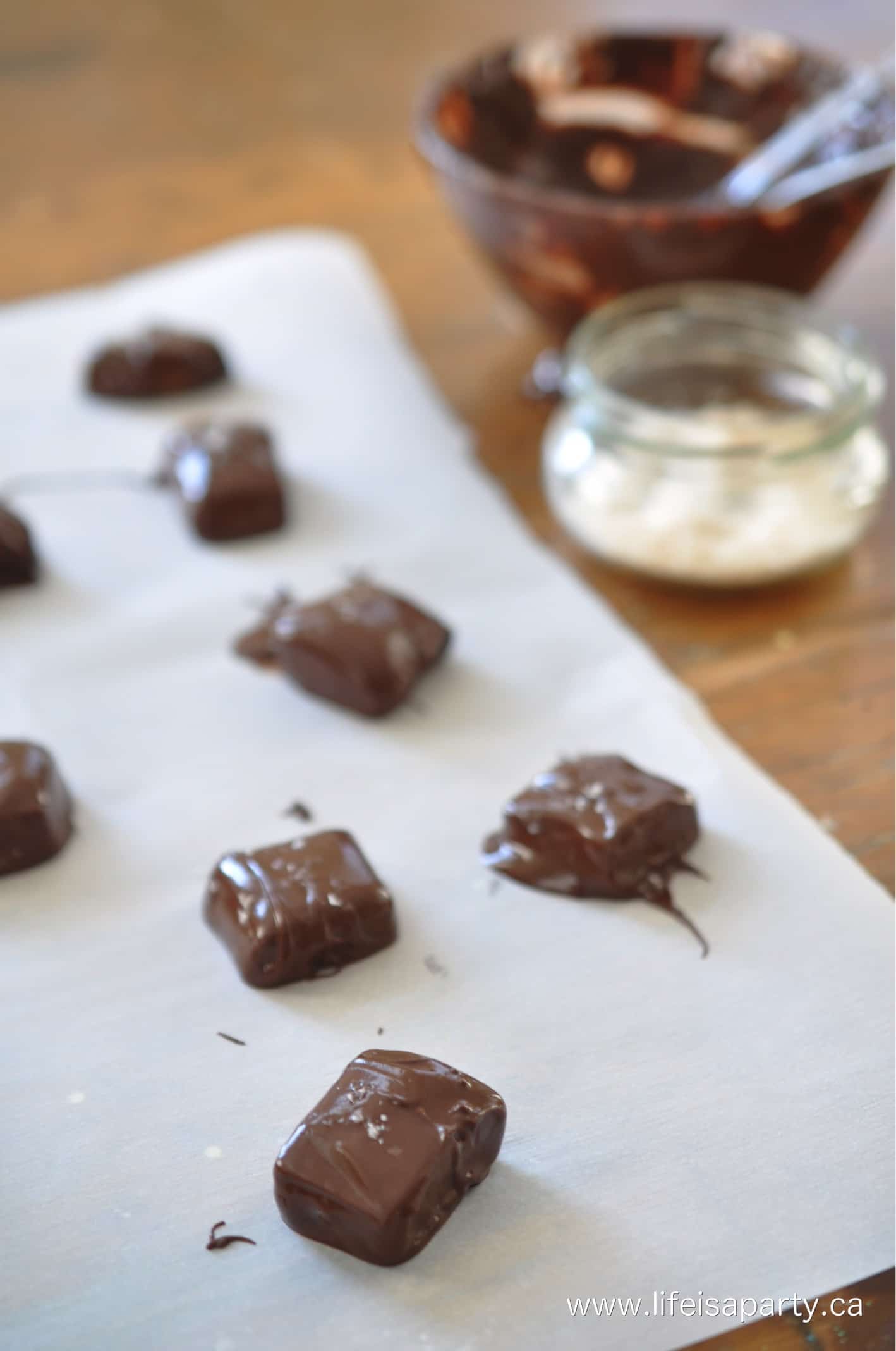 chocolate dipped Creamy Caramels with salt
