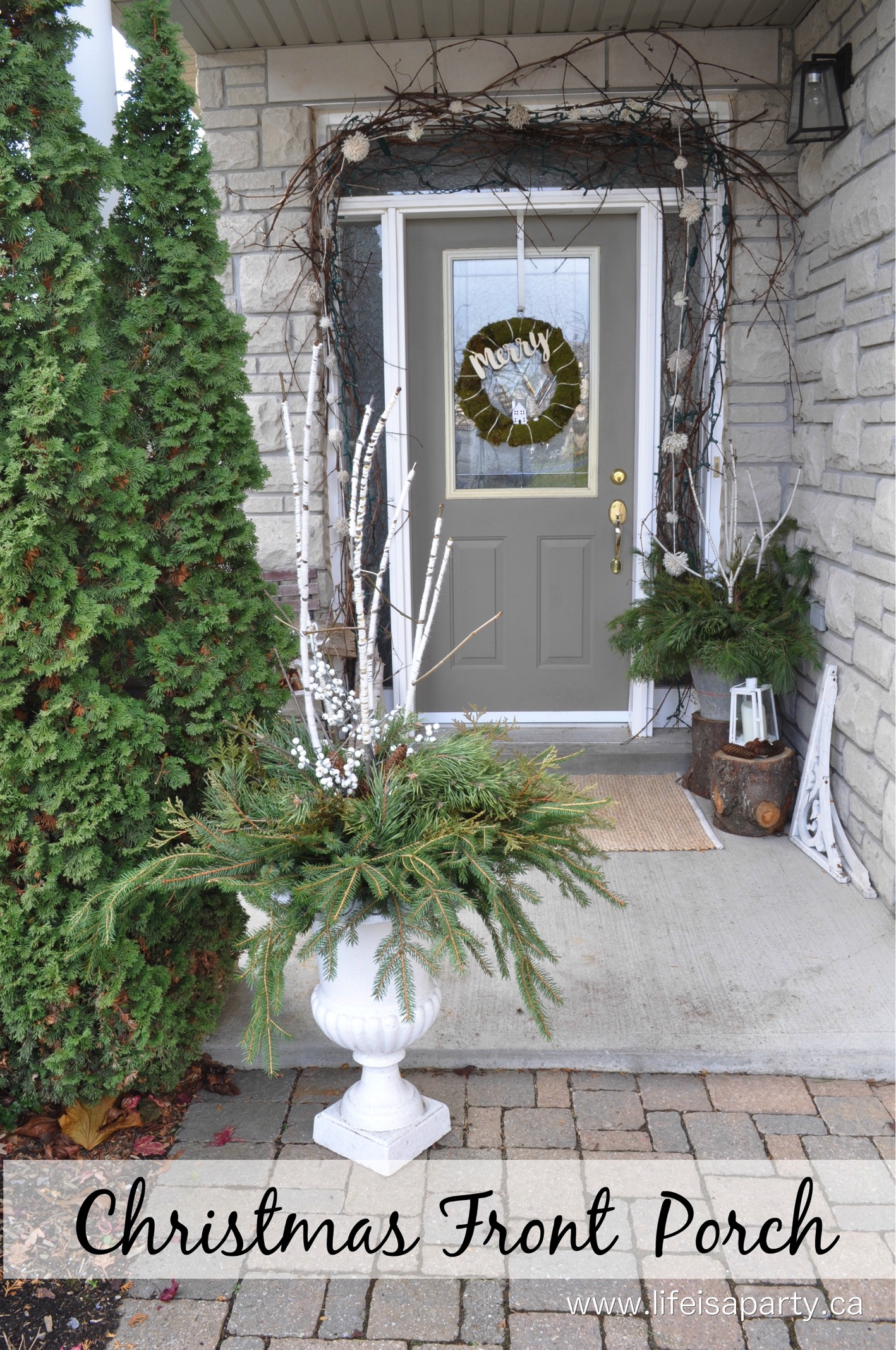 Outdoor Christmas Decorating Ideas for the Front Porch: yarn wrapped sticks, pom pom garland and a Christmas wreath add a festive touch.