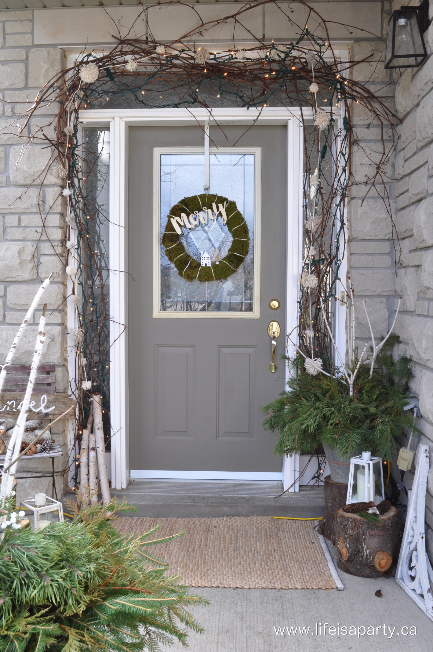 Christmas Front door with Pom Pom garland