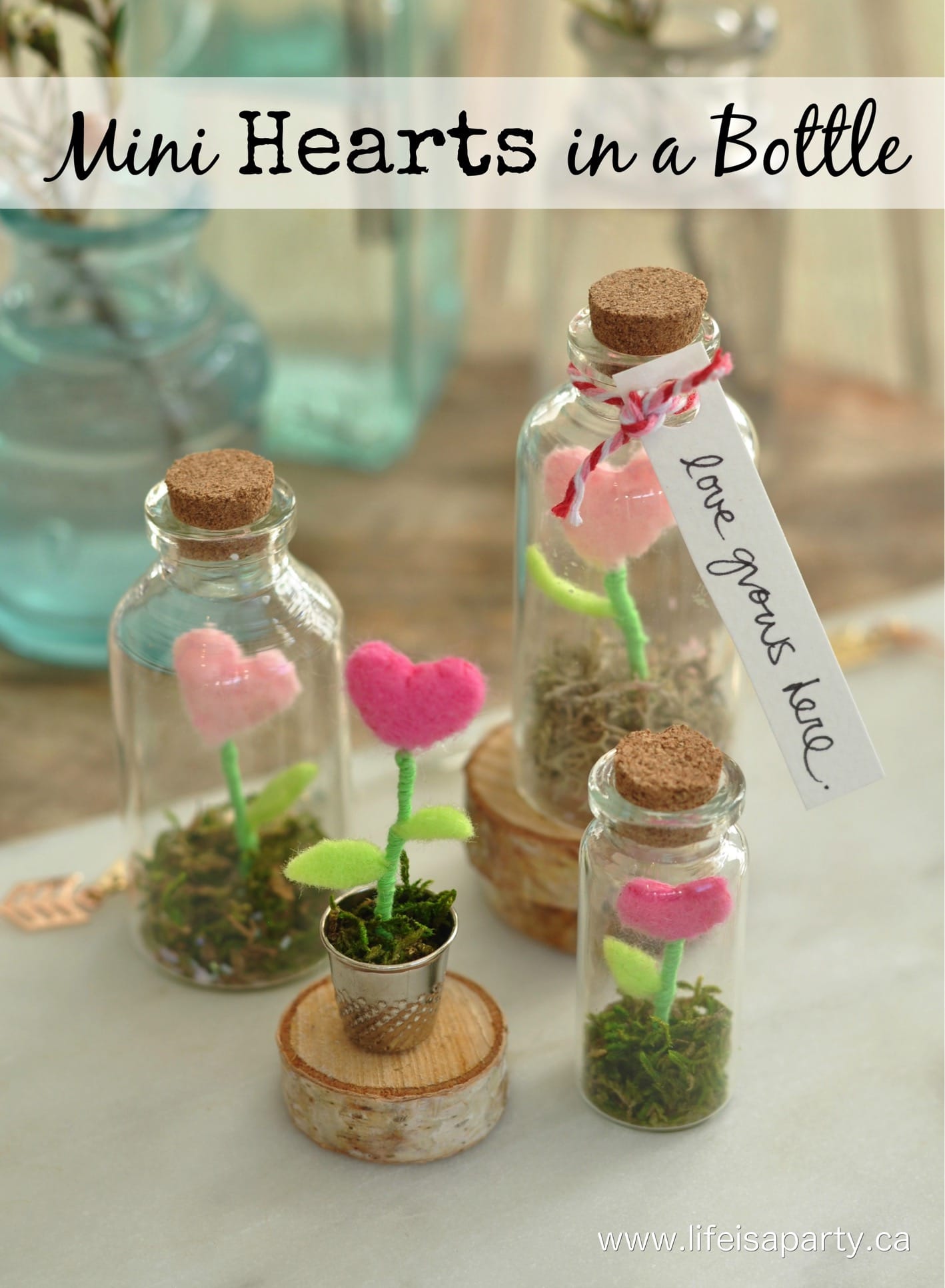 Mini Hearts in a Bottle Miniature Terrarium: Tiny felt heart flowers inside a glass jar create a magical terrarium garden.