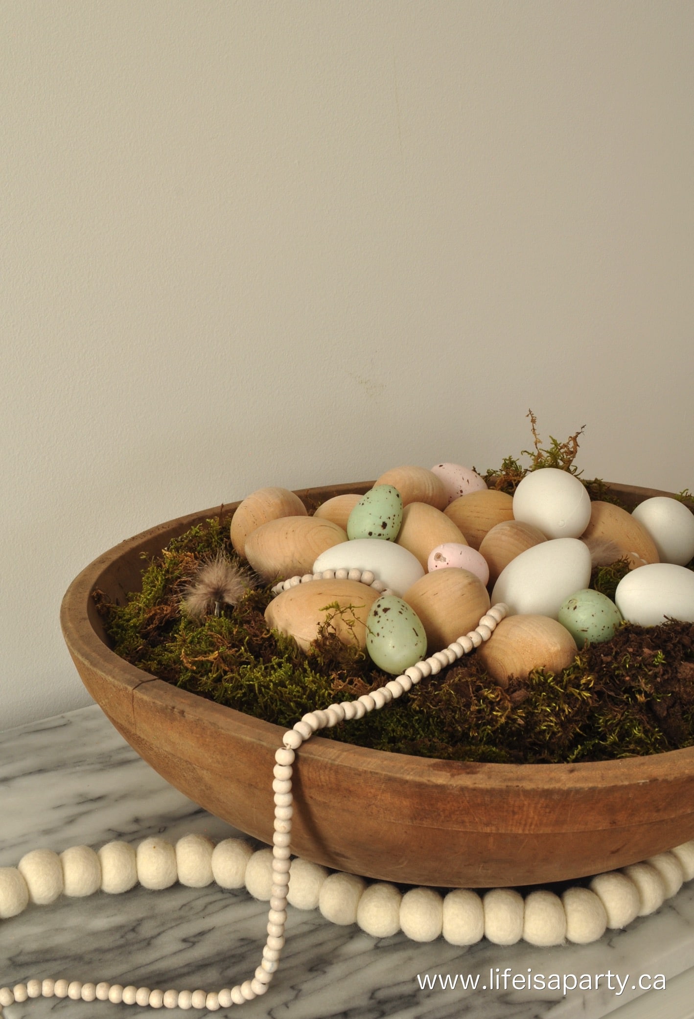 antique wood bowl with Easter eggs