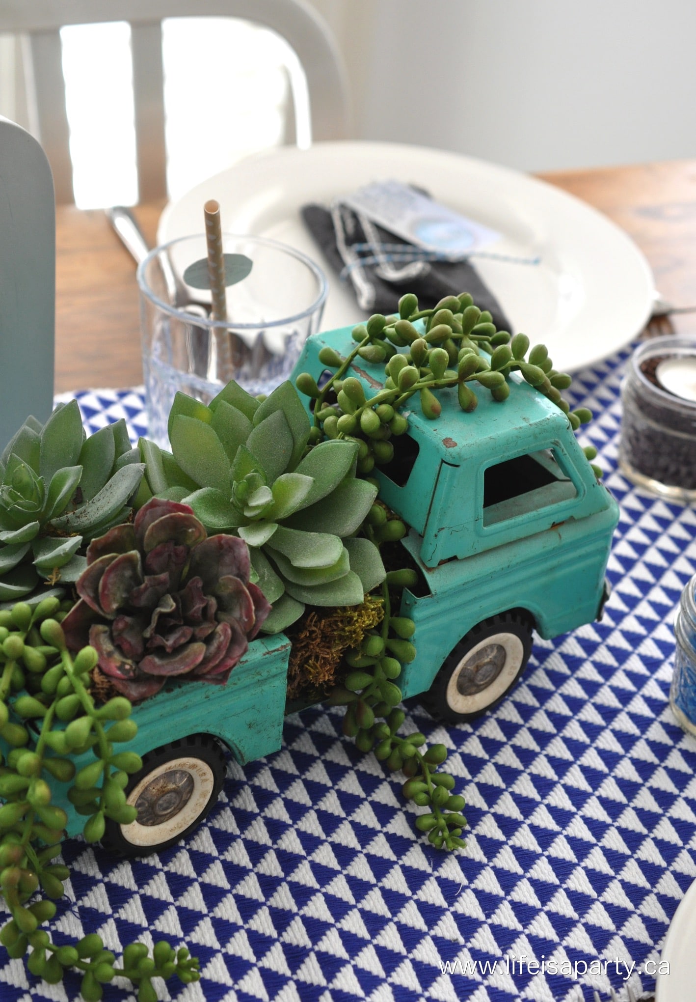succulents in a vintage toy truck