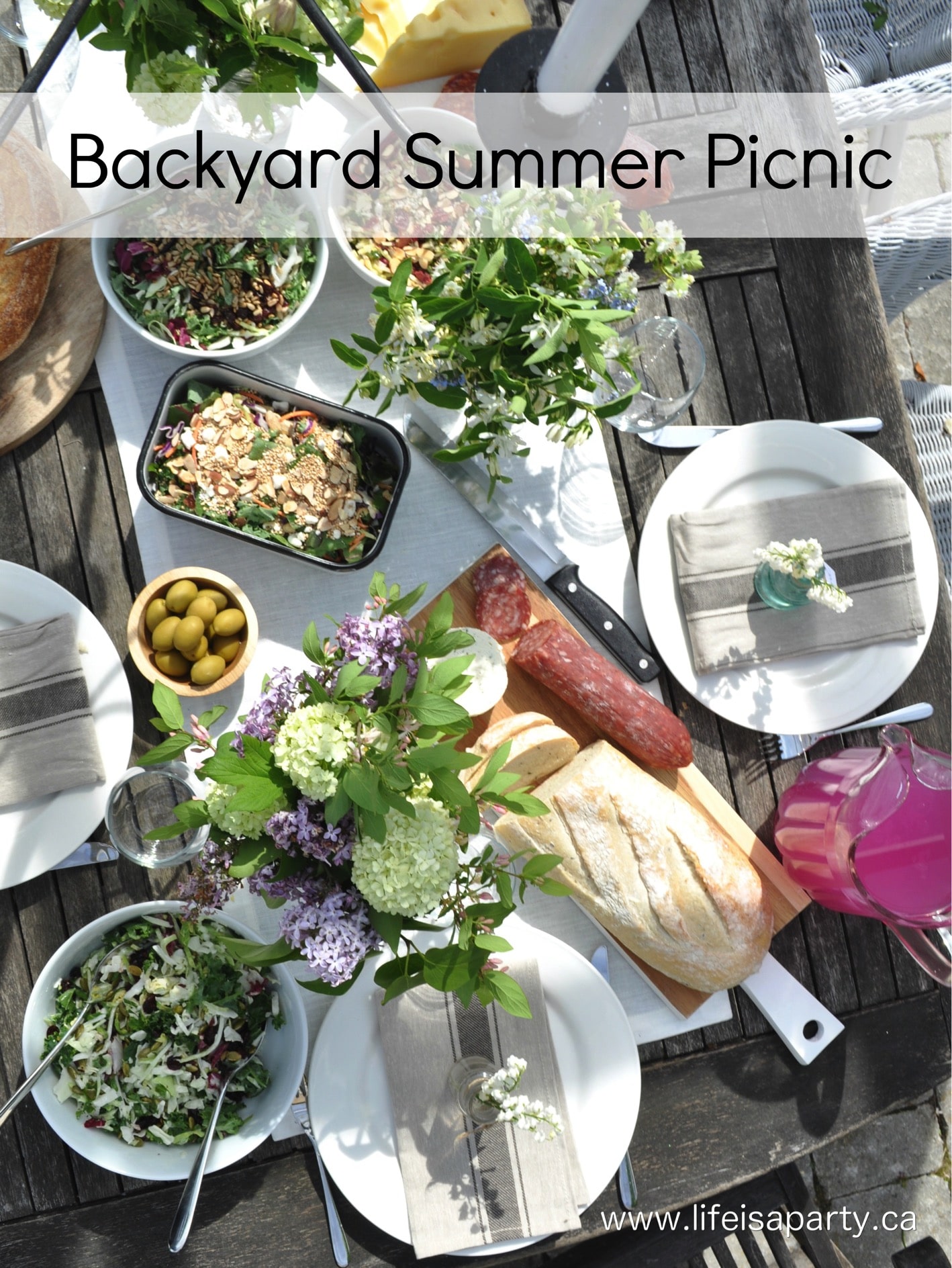 Summer Backyard Picnic -beautiful table setting ideas with lily of the valley placecards, and mason jar flower arrangements and an easy, no fuss menu.