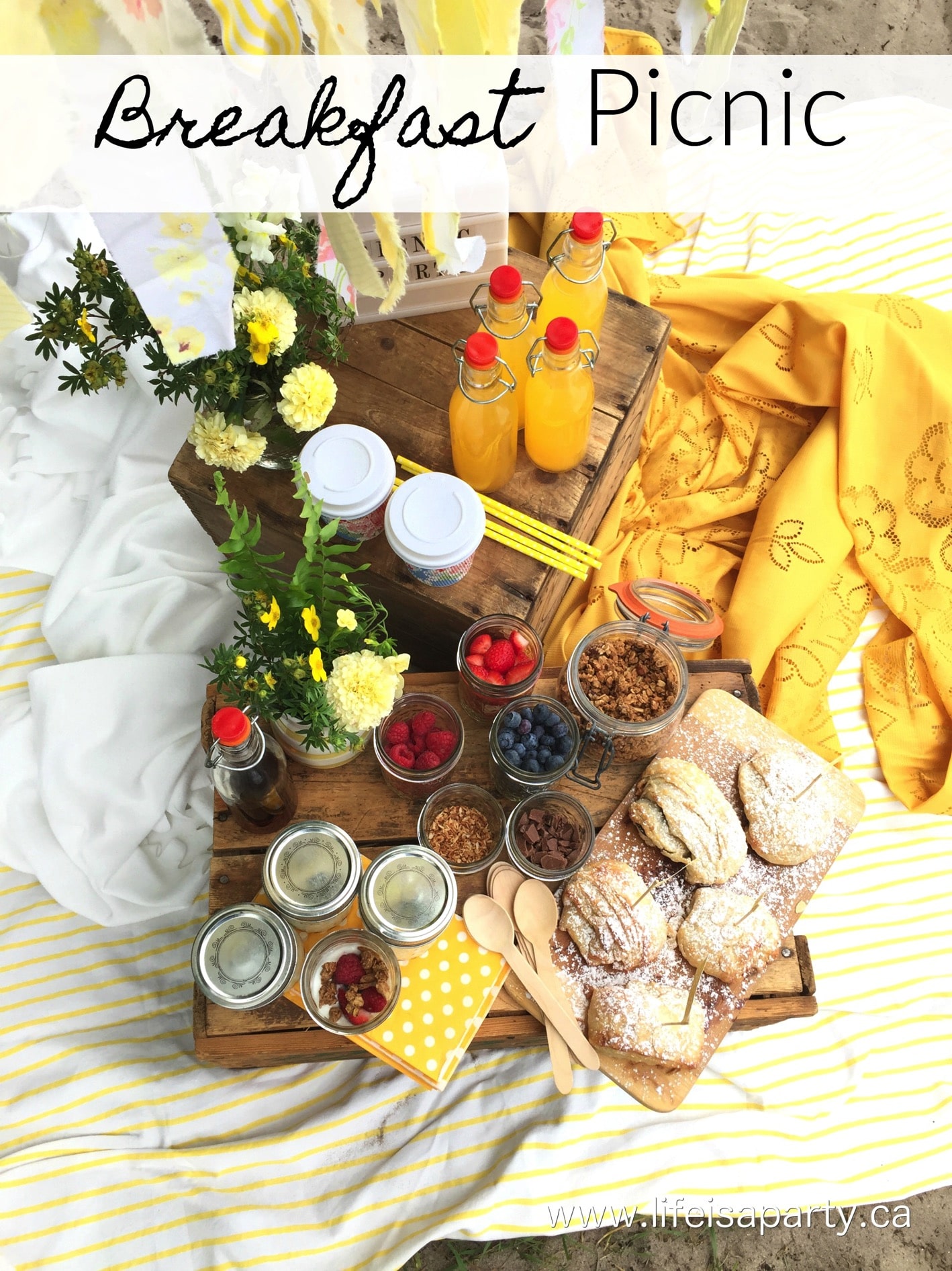 Yellow Breakfast Picnic: breakfast picnic with yellow decor and links to all the recipes including homemade croissants and a yogurt parfait bar!