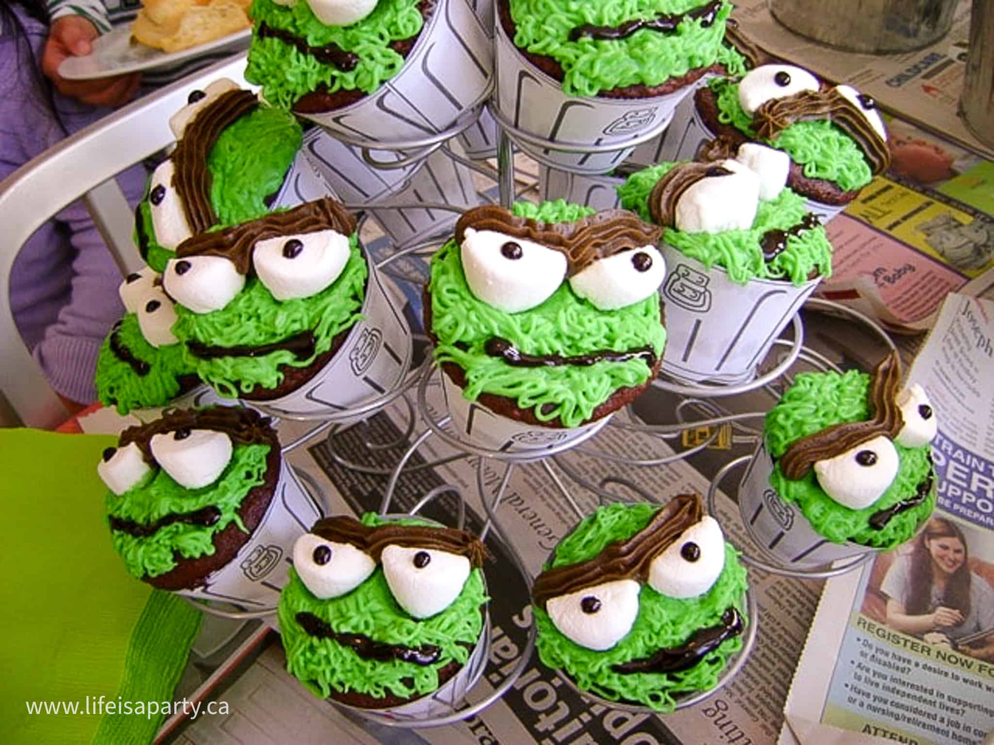 Oscar the Grouch birthday party cupcakes.