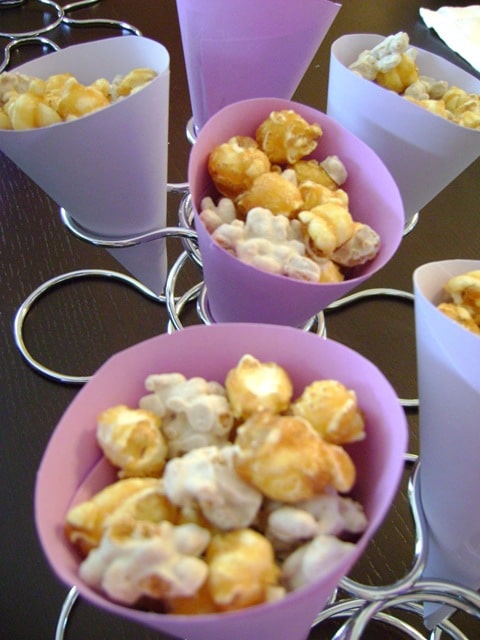 purple party food cones of caramel corn