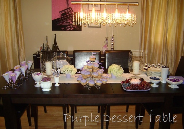 Purple Party Food: lots of purple sweets for a purple themed party including a purple fruit tray, lots of purple candy, and blueberry trifle.