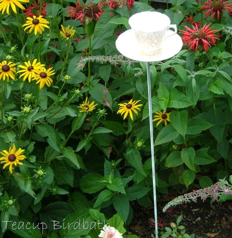Teacup Birdbath or Bird Feeder: how to make a teacp on a pole to use in your garden as a bird bath, or fill it with bird seed and use as a bird feeder.