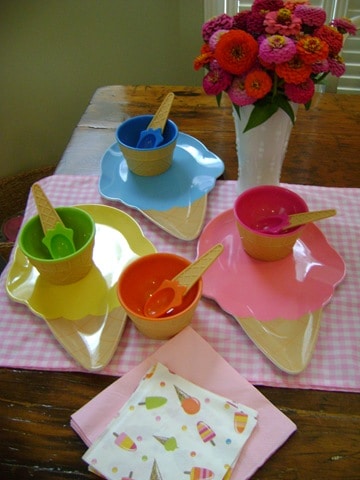 ice cream plates, bowls and spoons
