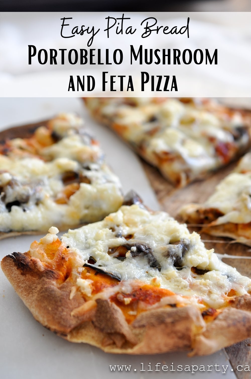 Portobello Mushroom and Feta Mini Pita Pizzas: an easy recipe great for a party or as an appetizer, perfect for a mushroom lover.