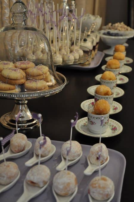 Purple Dessert Table:  cookies, cakepops, donuts, blueberry trifle and a candy buffet create the most beautiful dessert table.